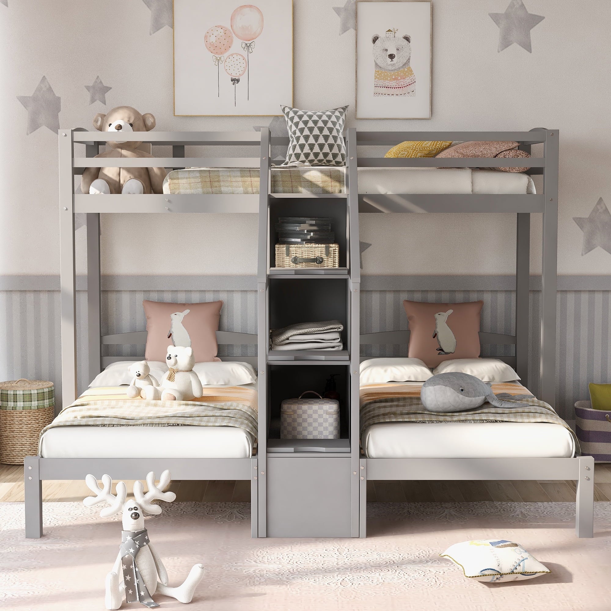 Twin over Twin Twin Bunk Bed with Staircase and Drawers for Kids Bedroom, 3 in 1 Bunk for More Kids, Storage Staircase, Gray Image 3