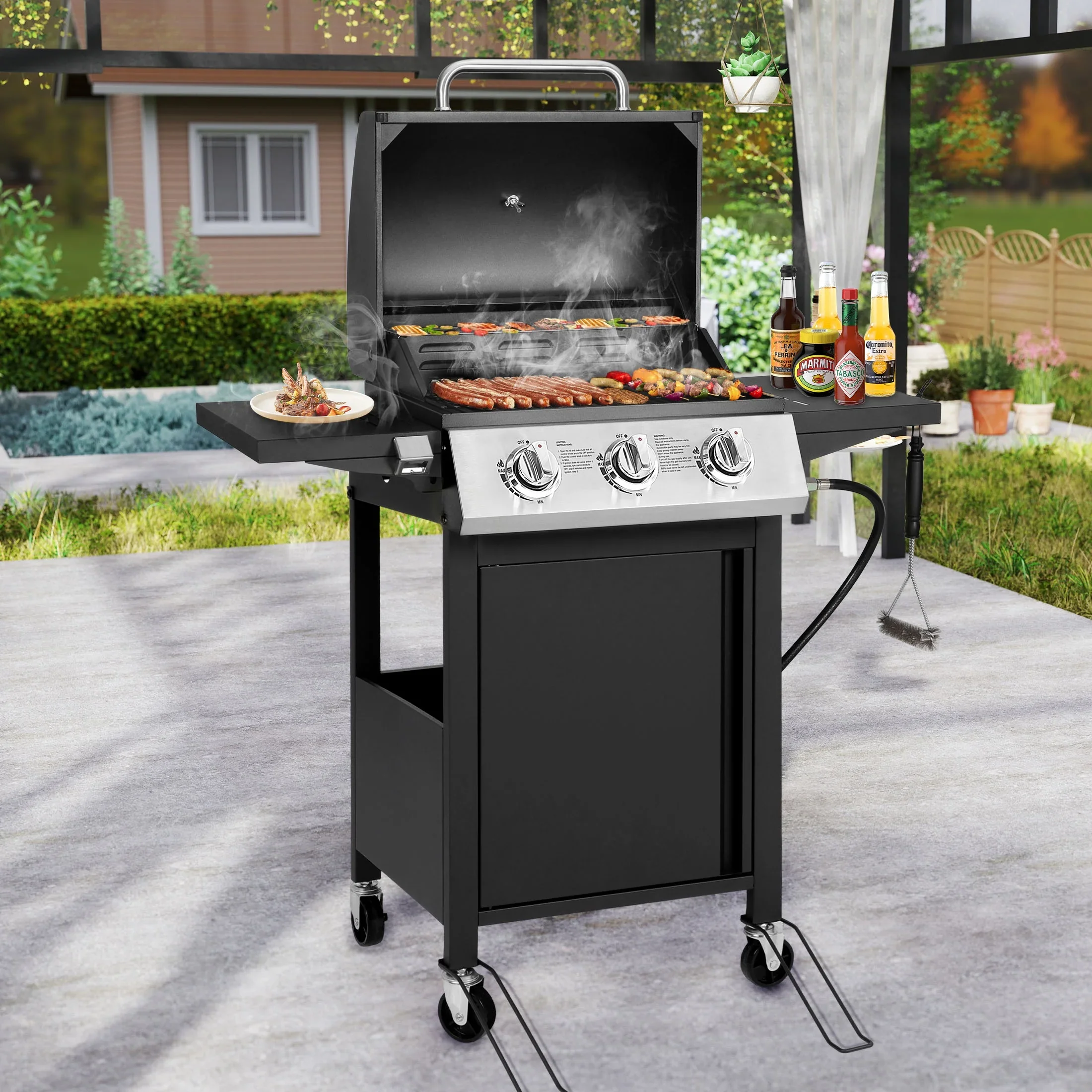 SEGMART 4 Burner BBQ Propane Gas Grill, Stainless Steel 40,000 BTU Patio Garden Barbecue Grill with Folding Side Tables, Cleaning Brush & Thermometer, Perfect for Camping, Outdoor Cooking