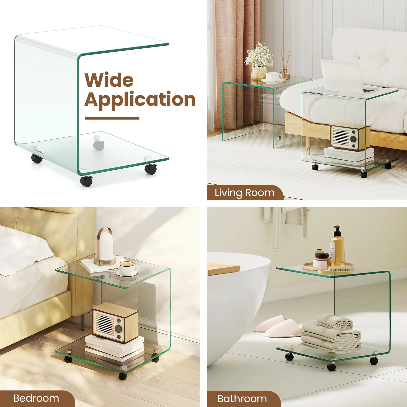 Tangkula Modern C-Shaped Tempered Glass Side Table
