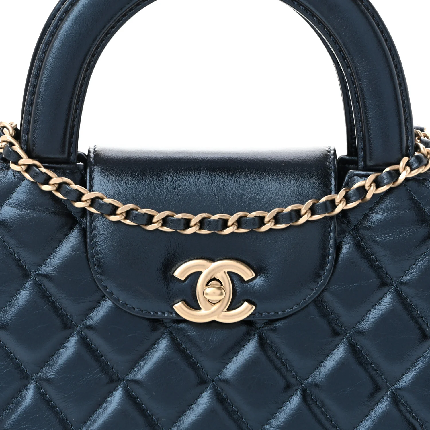 Metallic Aged Calfskin Quilted Nano Kelly Shopper Navy