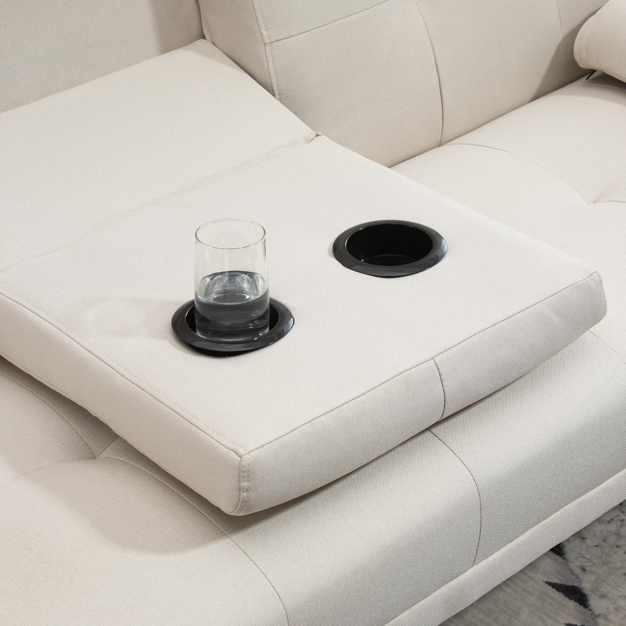 HOMCOM Slaapbank 3-zits, verstelbare rugleuning met inklaptafel, twee armkussens, linnenlook, beige, 181 x 77 x 78 cm