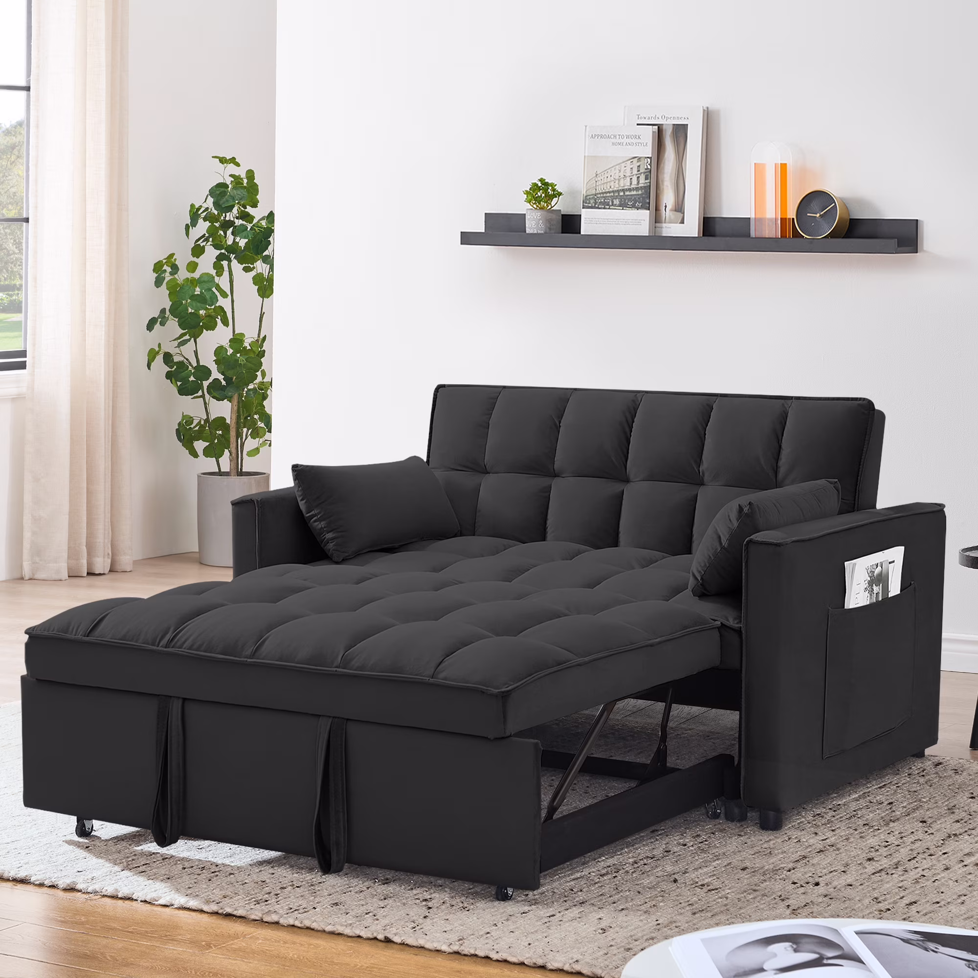 55 Inch Convertible Futon Sofa Bed,Modern Loveseat Sleeper Sofa Couch with Pull-Out Sofa Bed for Living Room,Small Space Black(Black02)
