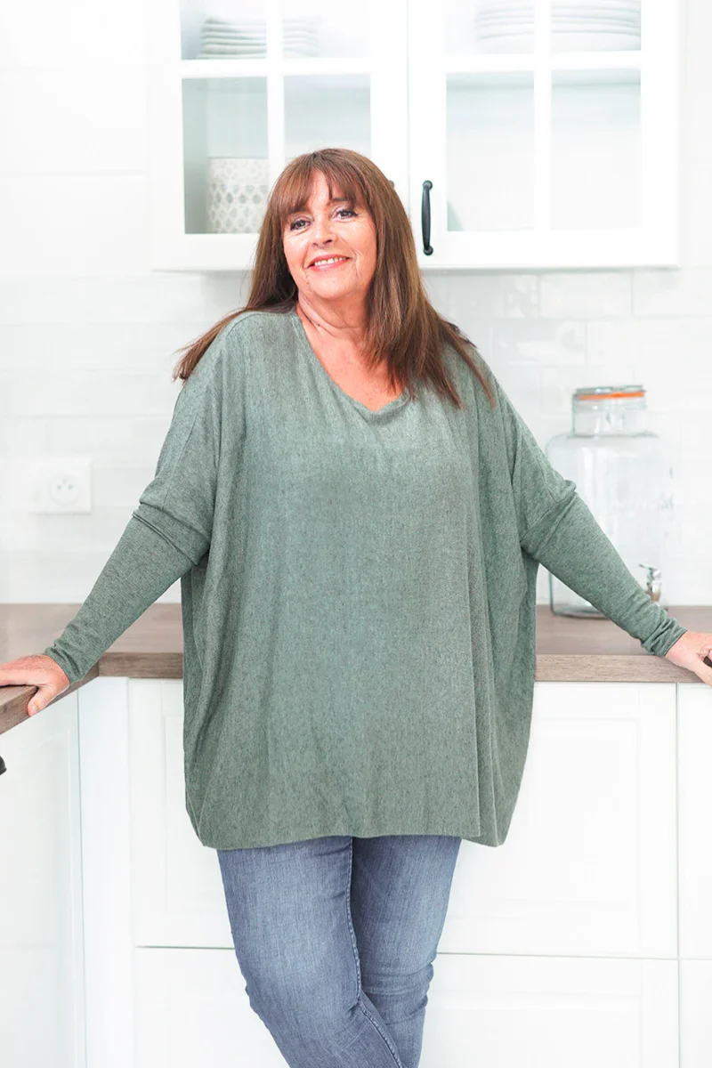 Pull large kaki manches chauve souris