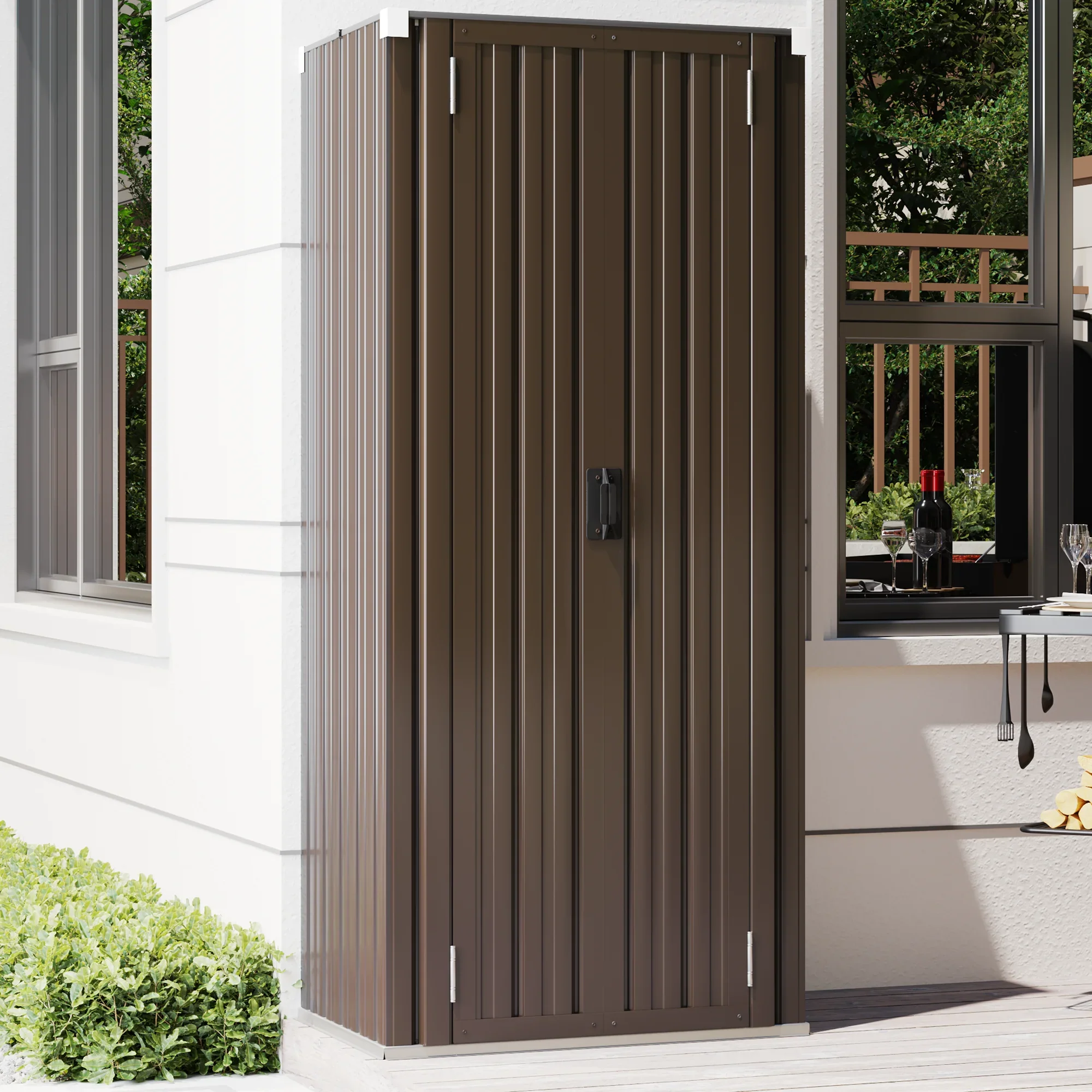 AECOJOY Outdoor Storage Cabinet Waterproof with Adjustable Shelves, Lockable Metal Outdoor Garden Storage Sheds Organizer in Brown, Versatile for Garage, Backyard, or Indoor Use
