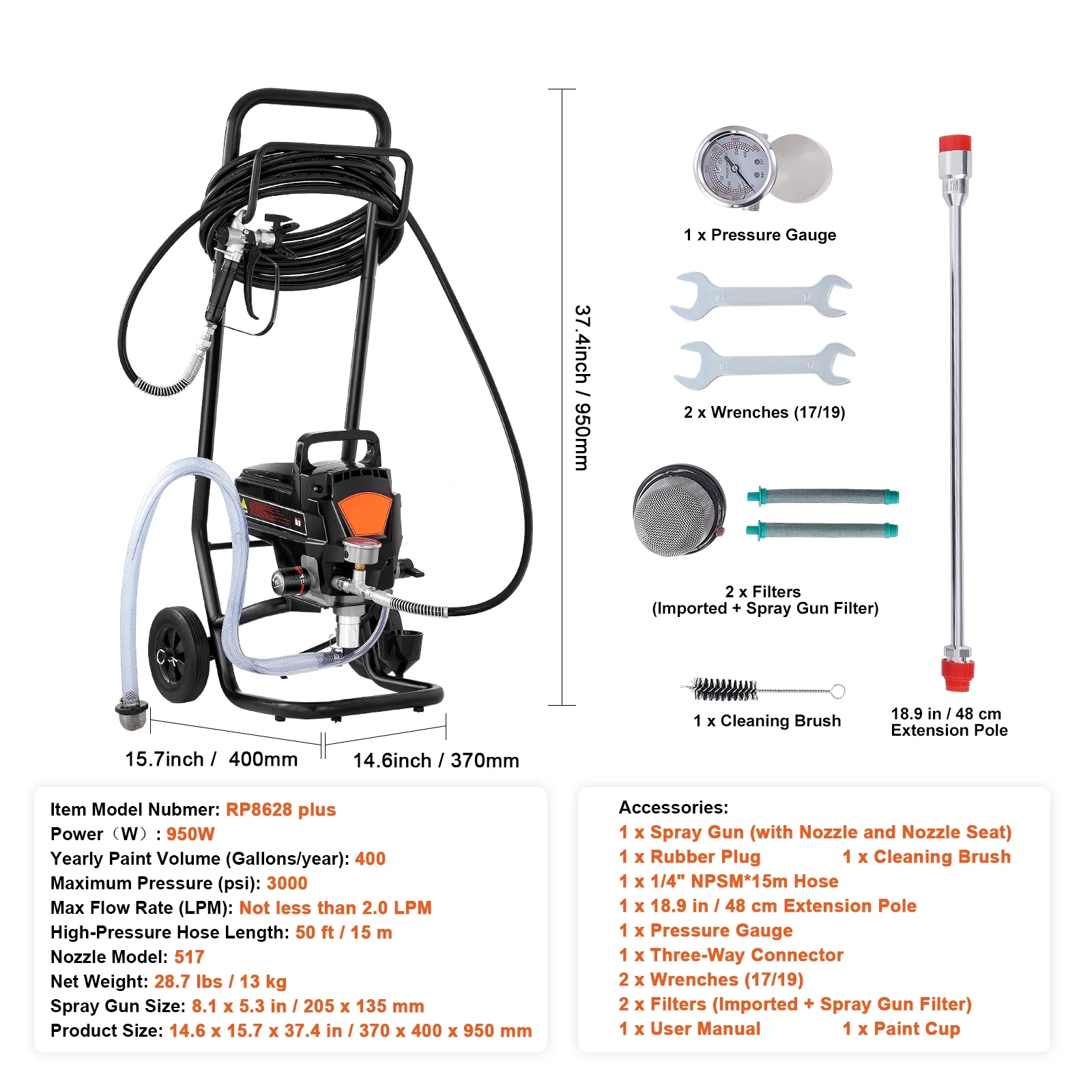 KFFKFF Stand Airless Paint Sprayer 950W 3000PSI Electric Paint Sprayer with Cart