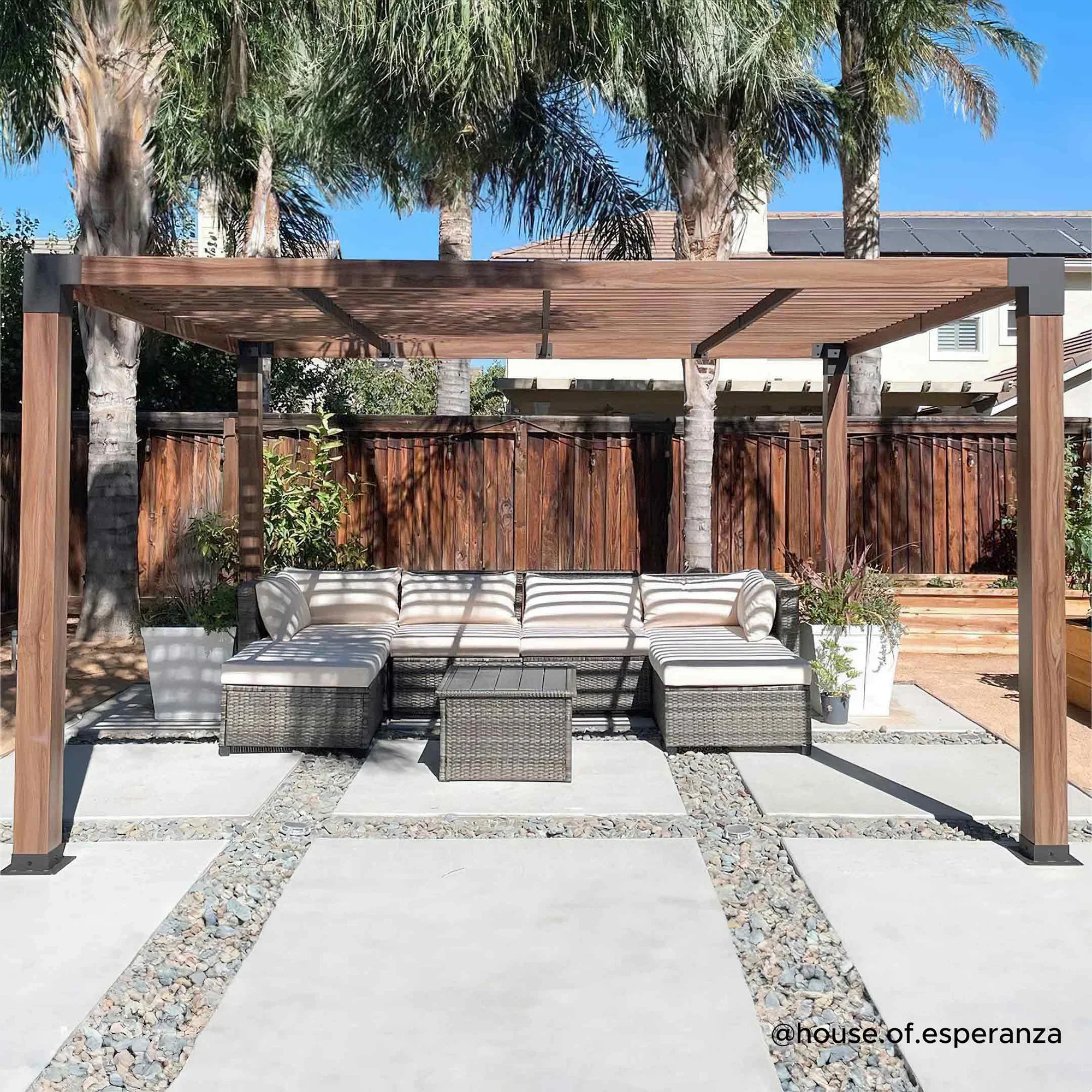Sunjoy Outdoor Pergola 10 x 12 ft. Steel Frame Pergolas with Nature Wood Grain Finish for Patio, Garden and Backyard Activities