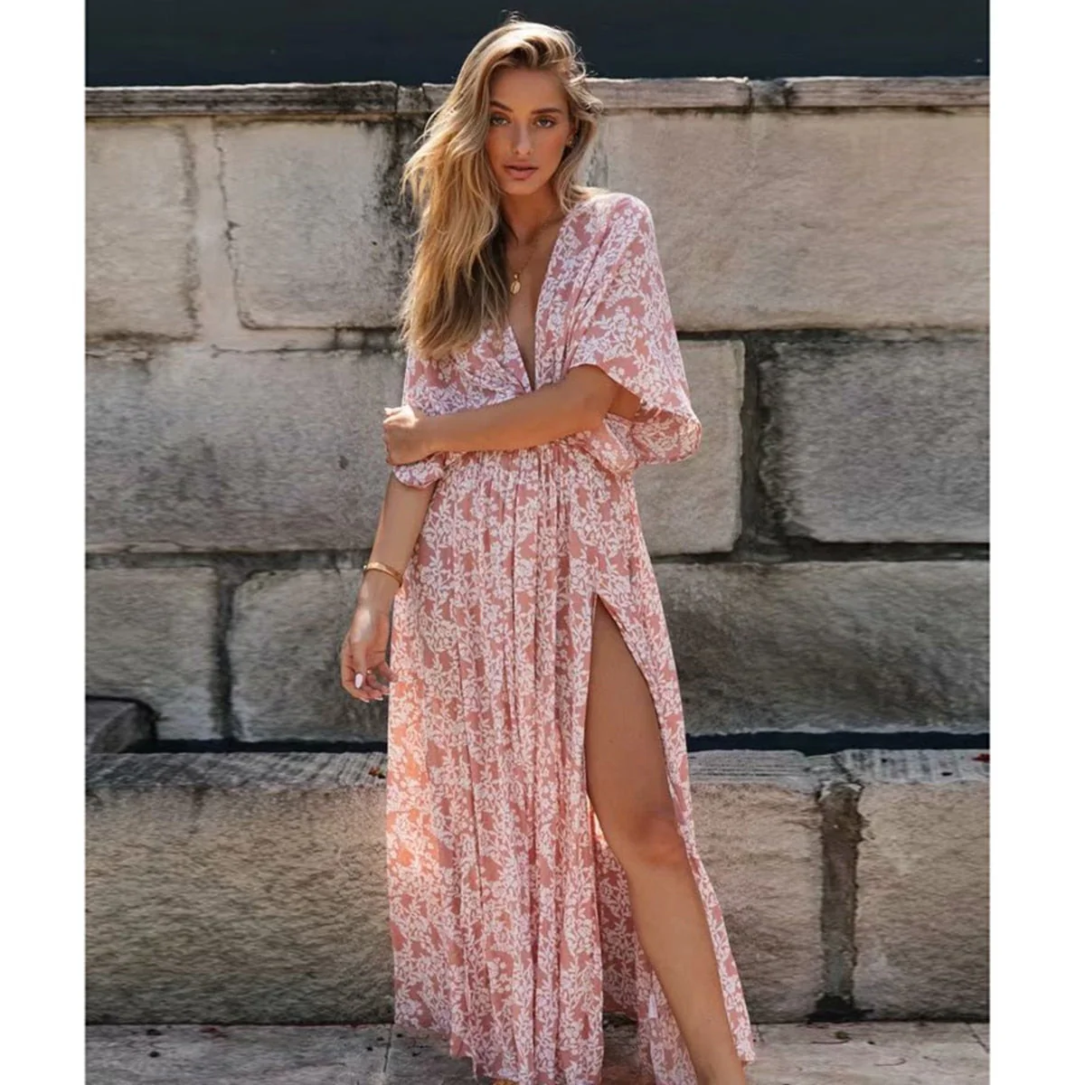 Robe midi bohème fendue rose poudré