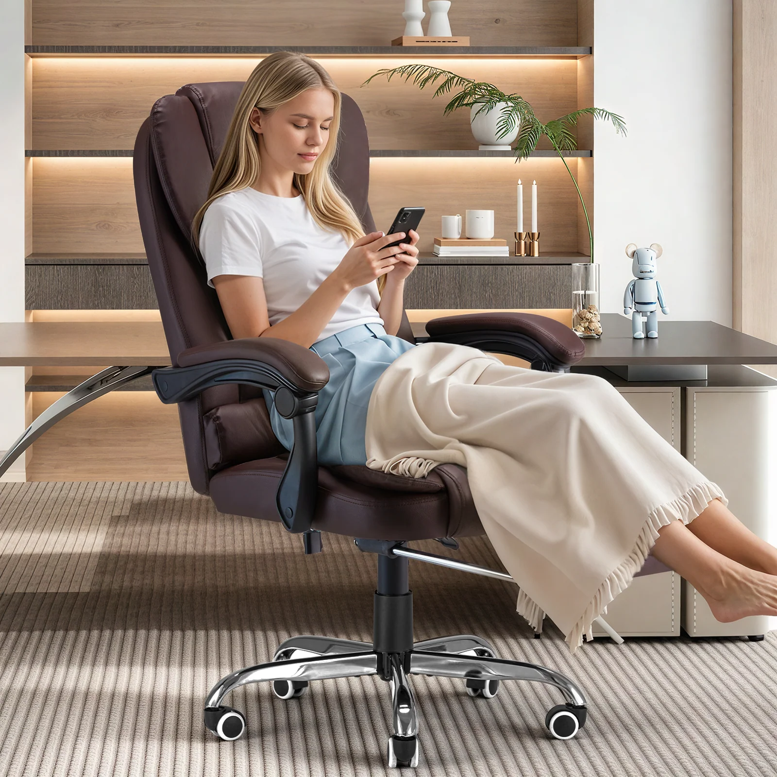 AECOJOY Office Chair with 7 Points Vibration Massage&Heat Functions, Brown Leather with Footrest