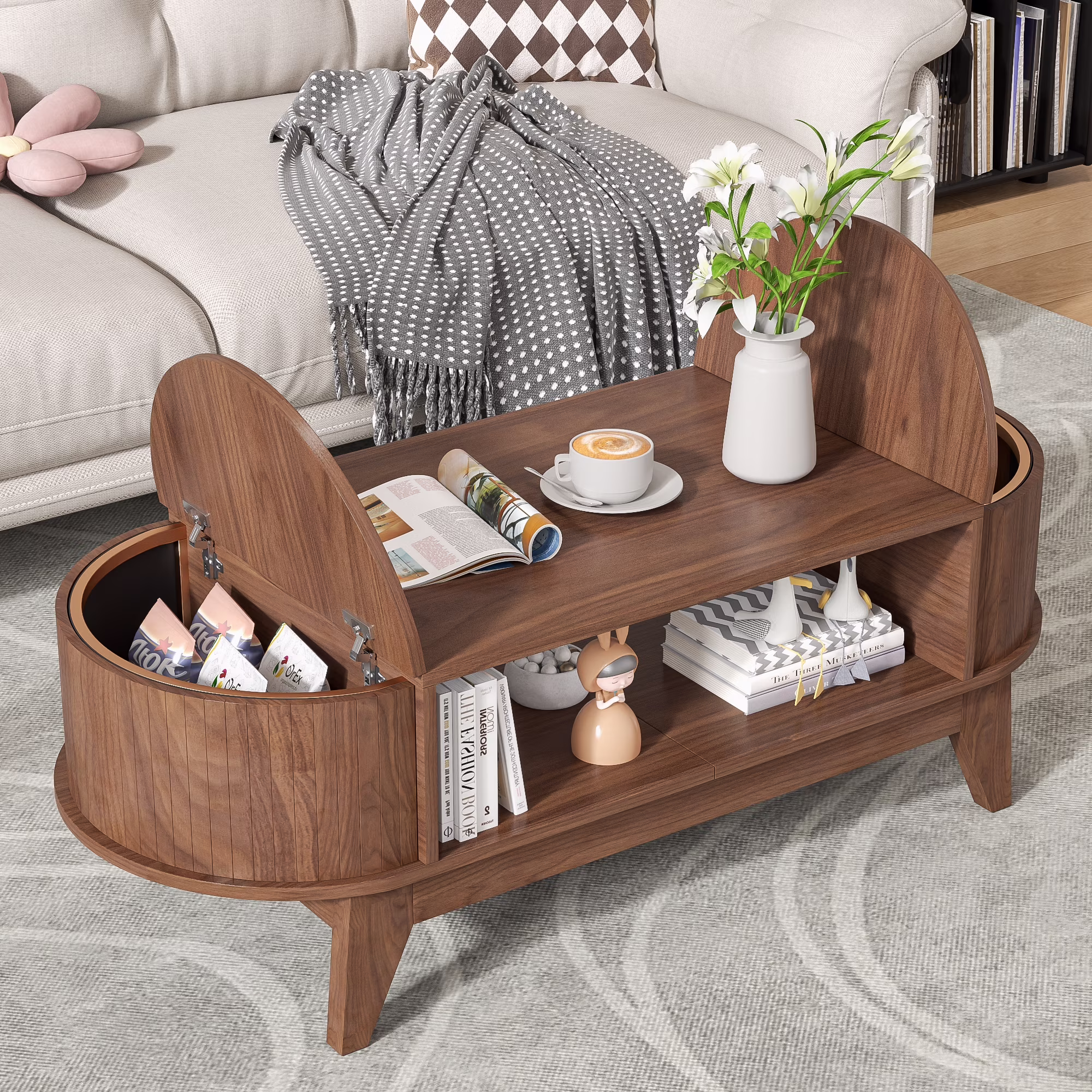 Fluted Coffee Table with Storage, Modern Coffee Tables, Wood Accent Center Table(Wood) - Image 5