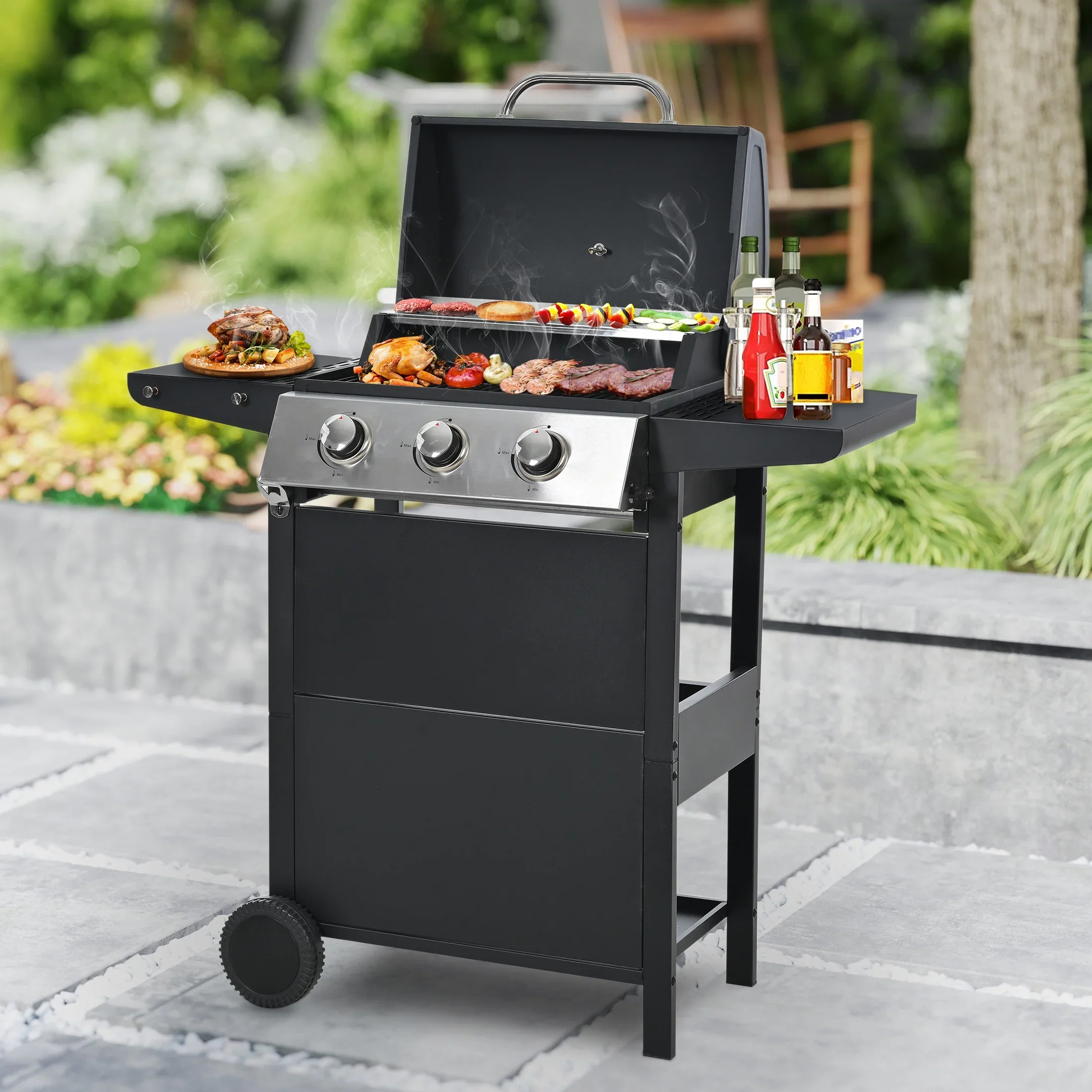 Segmart 3 Burner BBQ Propane Gas Grill, Stainless Steel 30,000 BTU Patio Garden Barbecue Grill with Folding Side Tables, Hanging Basket & Thermometer, Perfect for Camping, Outdoor Cooking