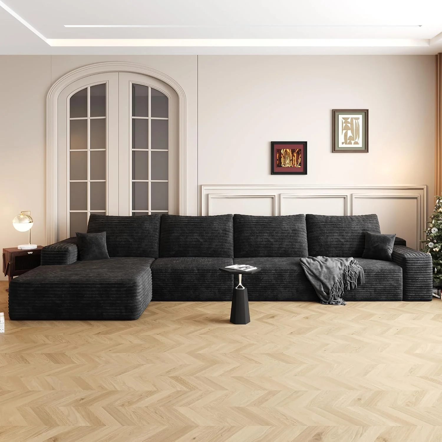 Canapé d'angle compressé surdimensionné de 343 cm (135 po) - Canapé nuage en mousse haute densité 33D avec assise profonde - Canapé lounge modulaire minimaliste 3 pièces sans structure, revêtu de velours côtelé | Matériau respirant, mousse intégrale,