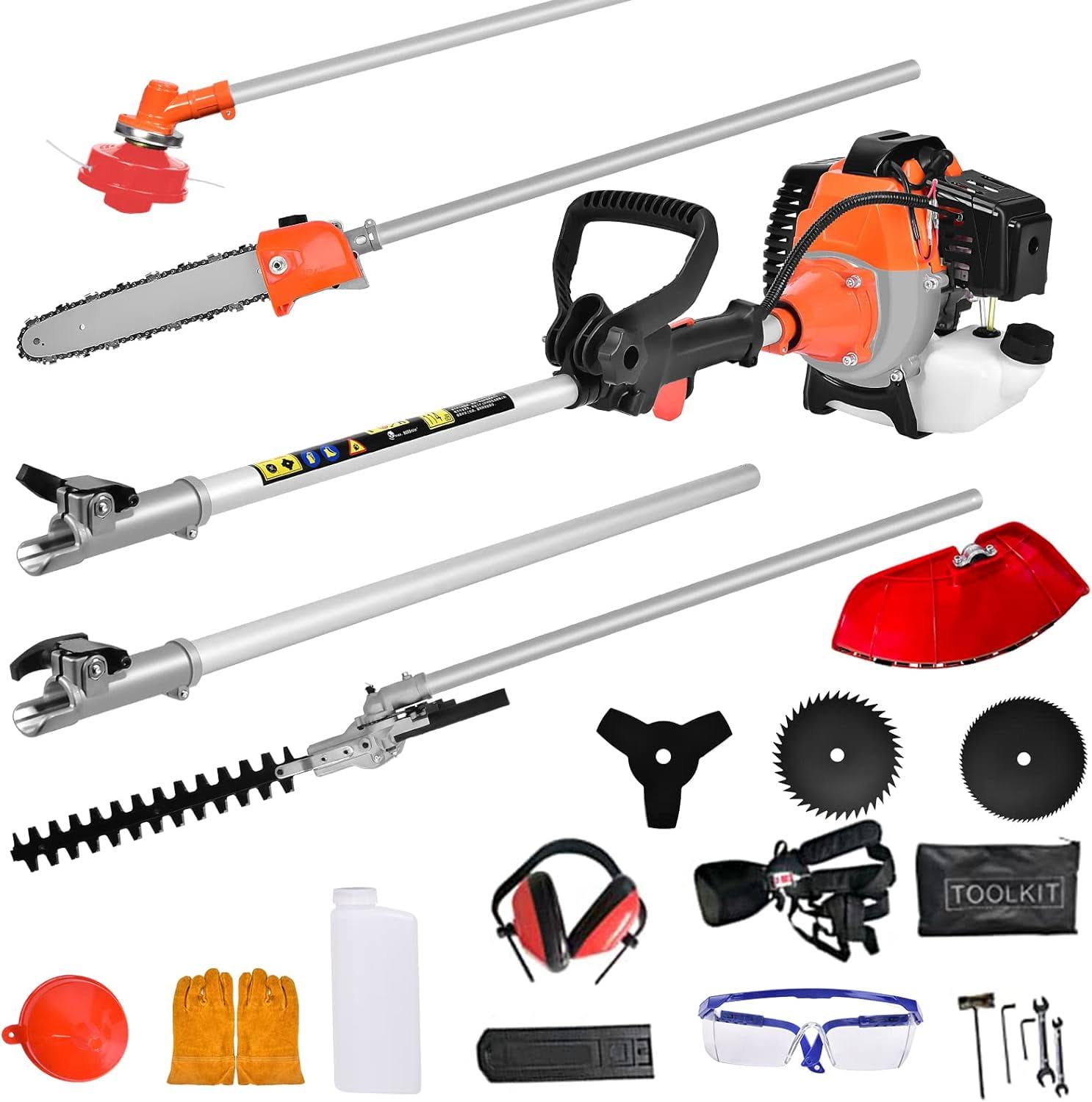Eaysg 52cc 6 in 1 Gas Petrol Hedge Trimmer Brush Cutter Chainsaw Multifunctional for Garden