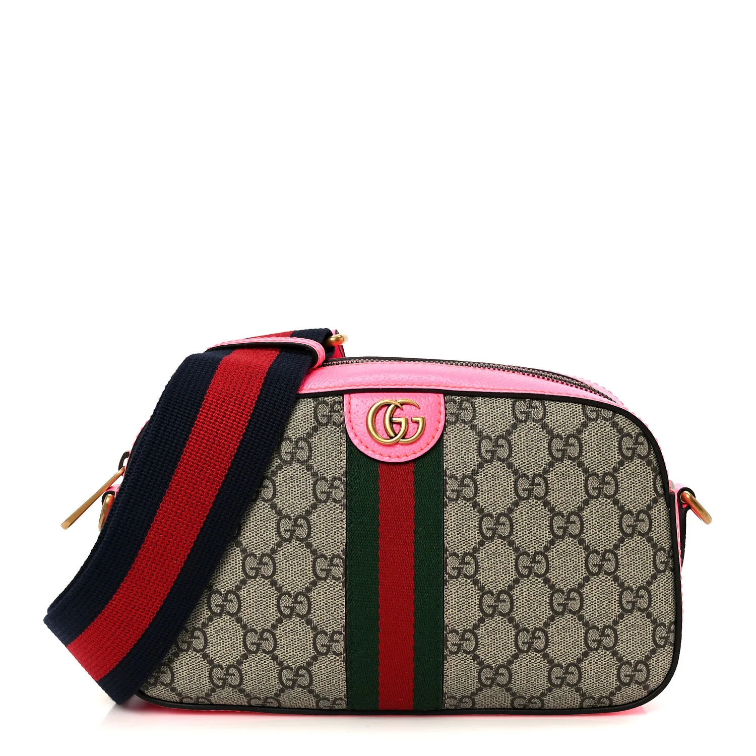 GG Supreme Monogram Textured Dollar Calfskin Web Ophidia Small Crossbody Bag Beige Ebony Fuchsia
