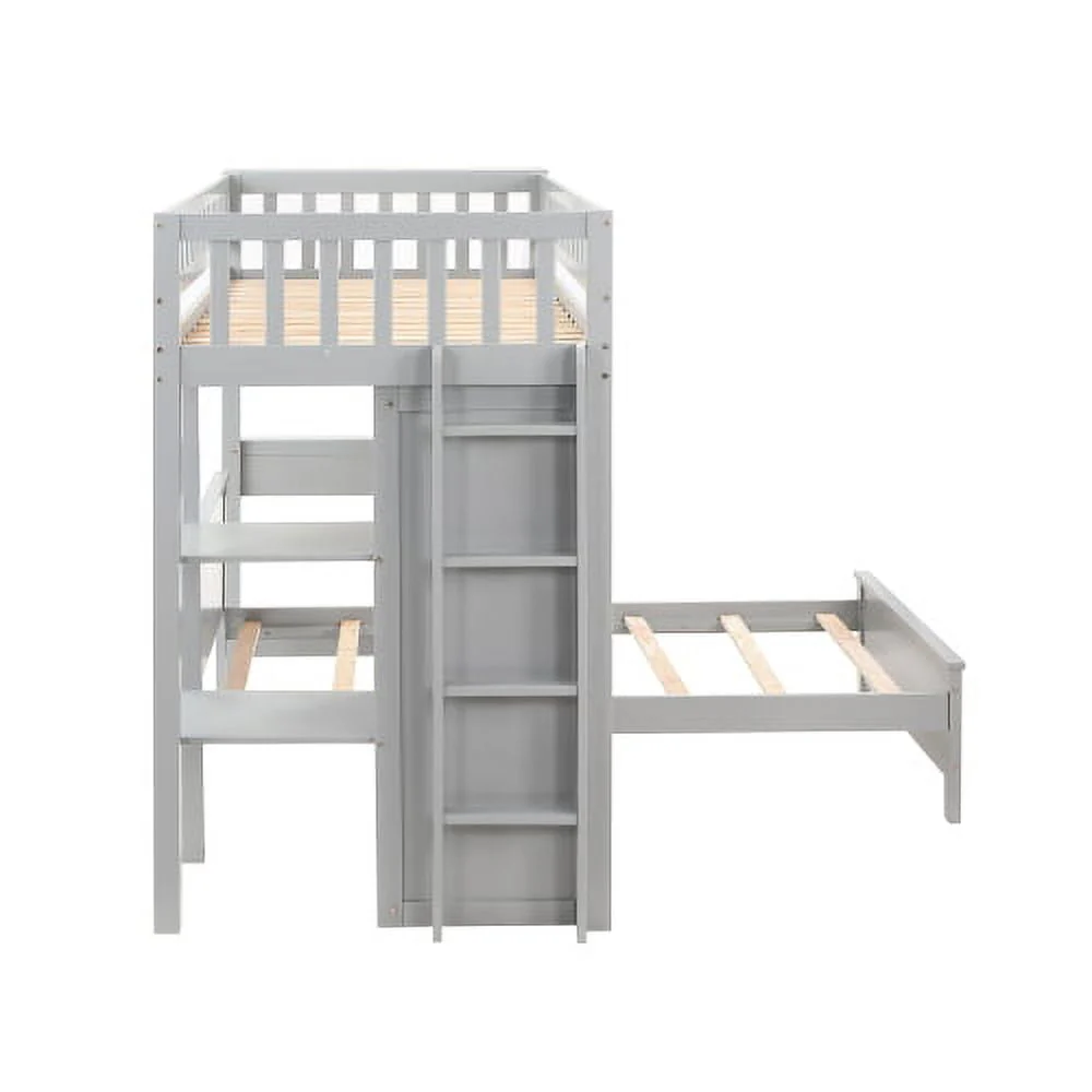 Twin Loft Bed with Closet Desk, Wood Bed Frame with Movable Bed, Bunk Bed for Kids Adult, Gray Image 6