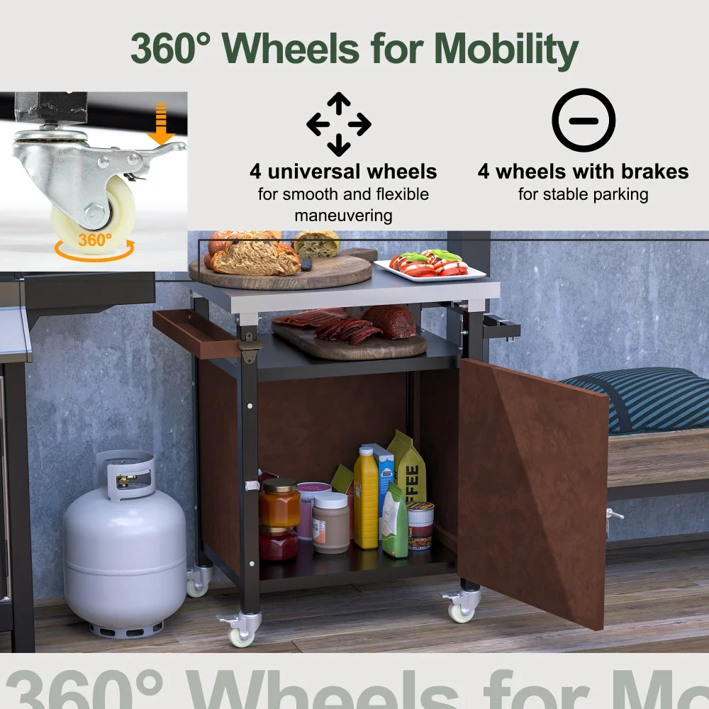 BBQ Grill Storage Cart/Bin, Outdoor Storage Cabinet on Wheels, Metal Kitchen Dining Table Cooking Prep Table with Wheels, Hooks, and Spice Rack, for Patio Island Home Party Bar (Brown)(32.4" W x 18.7" D x 34.7" H) - Image 5