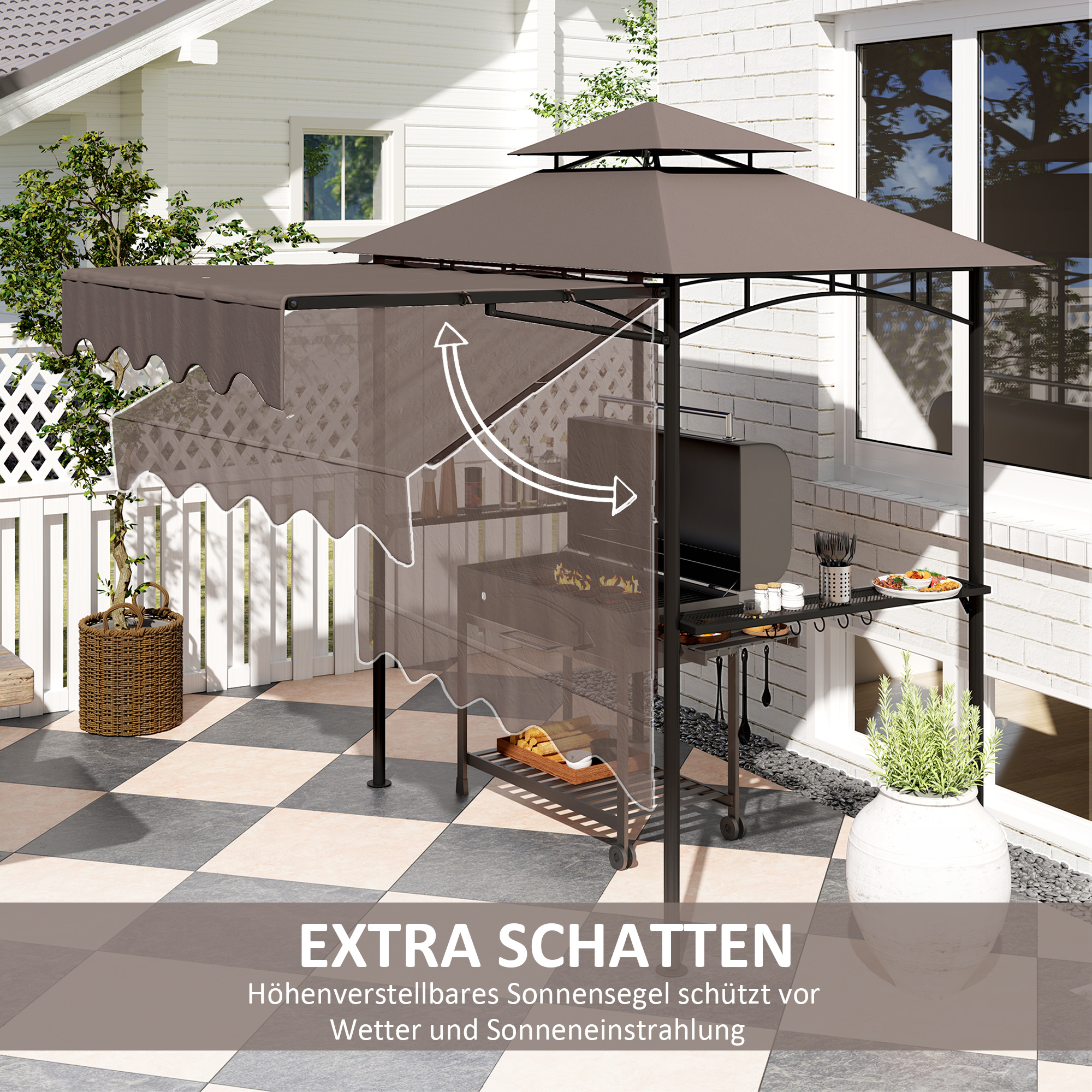 Outsunny Grillpaviljoen 242x149x248 cm Waterafstotend Vlamvertragend Tuinpaviljoen met Dubbellagig Dak Koffie