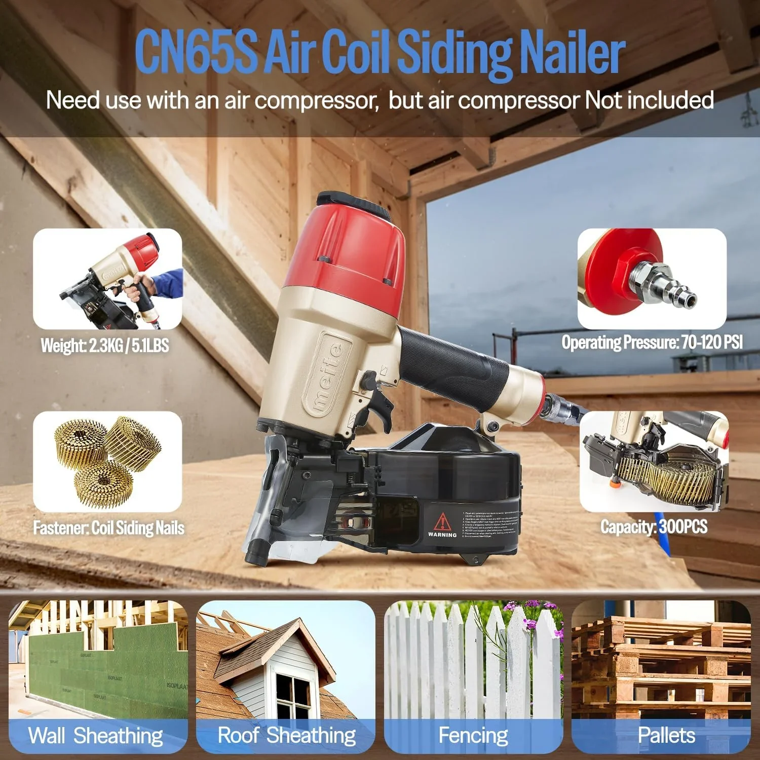 MEITE CN65S Pneumatic Coil Siding Nailer with Safety Nose, 15-16 Degrees 1-1/2 to 2-1/2Coil Nail Gun Lightweight