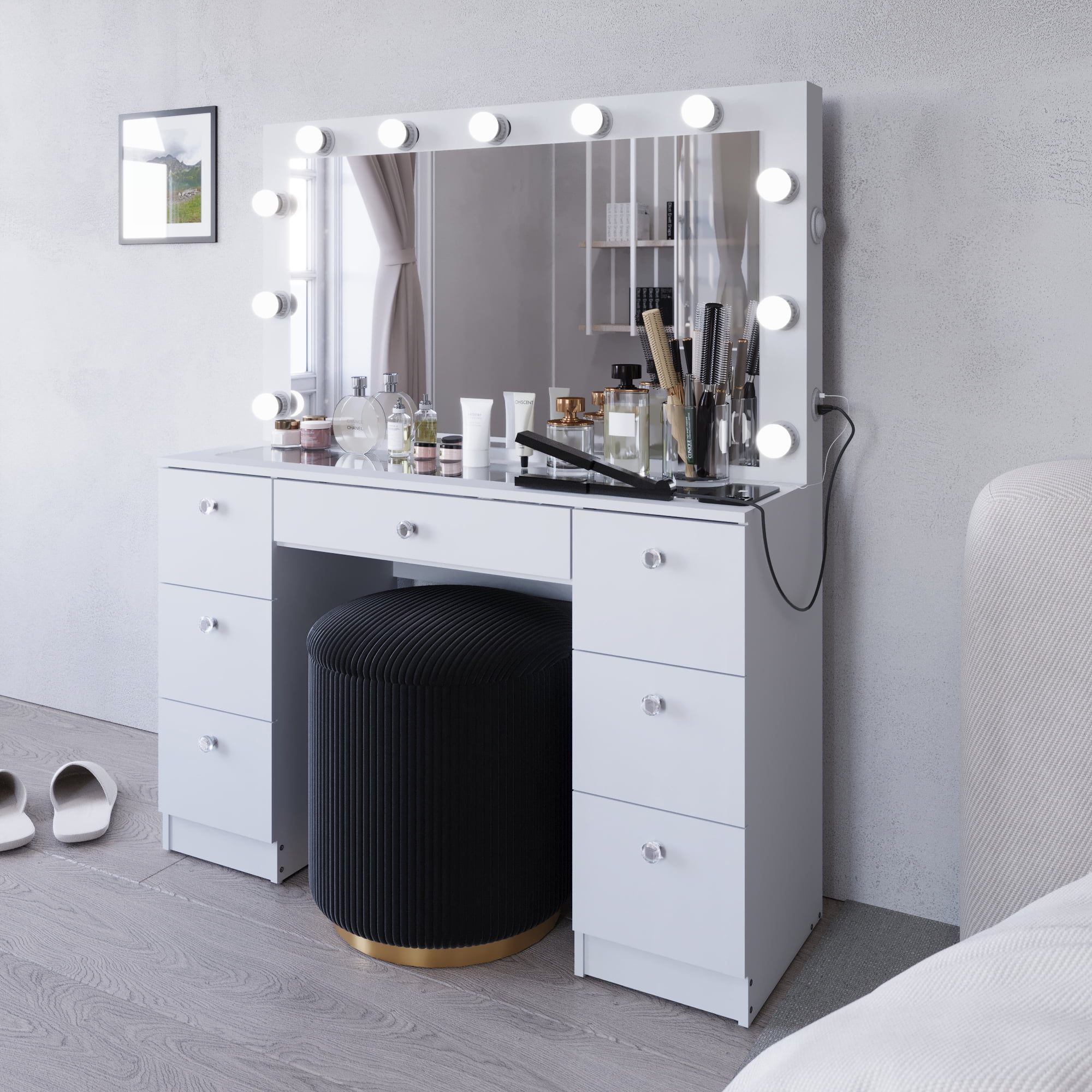 Ibbie White Makeup Vanity with Glass Top, Lights, Charging Station(White) - Image 4