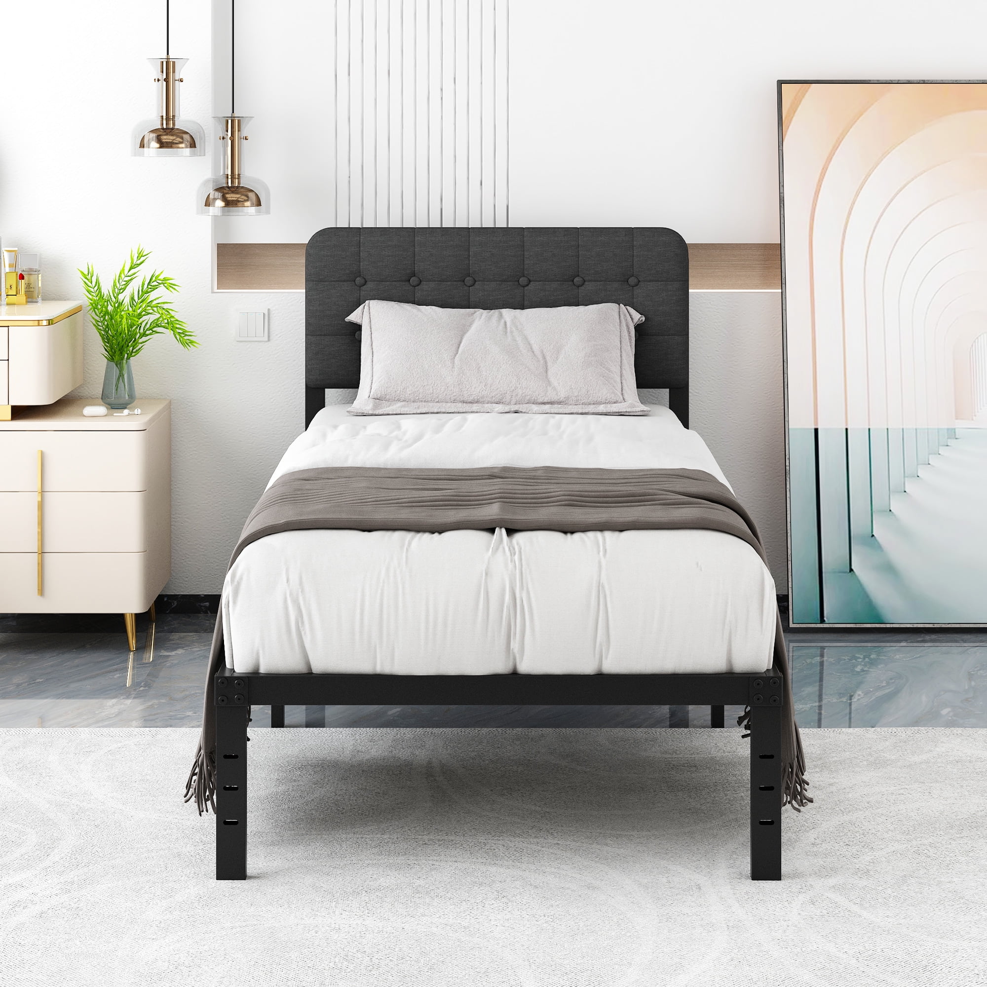 Maenizi Twin XL Bed Frames with Upholstered Headboard, 18 in Twin XL Metal Bed Frame No Box Spring Needed, Heavy Duty Metal Slats, Noise Free, Easy Assemble, Grey