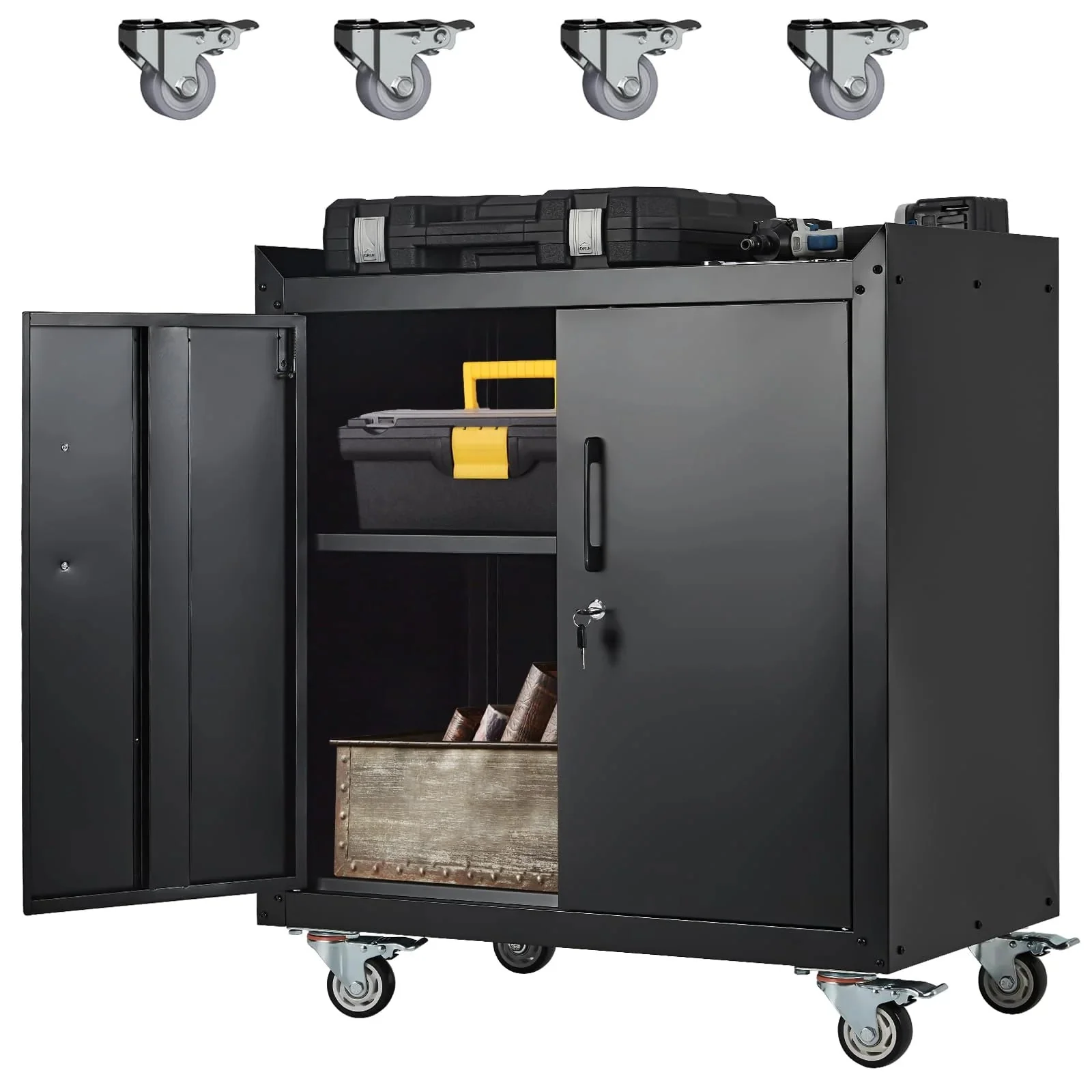 Garage Storage Cabinet with Wheels, 2 Door Tool Cabinet with Adjustable Shelves, Metal Lockable Tool Cabinet, Rolling Tool Chest for Home,…
