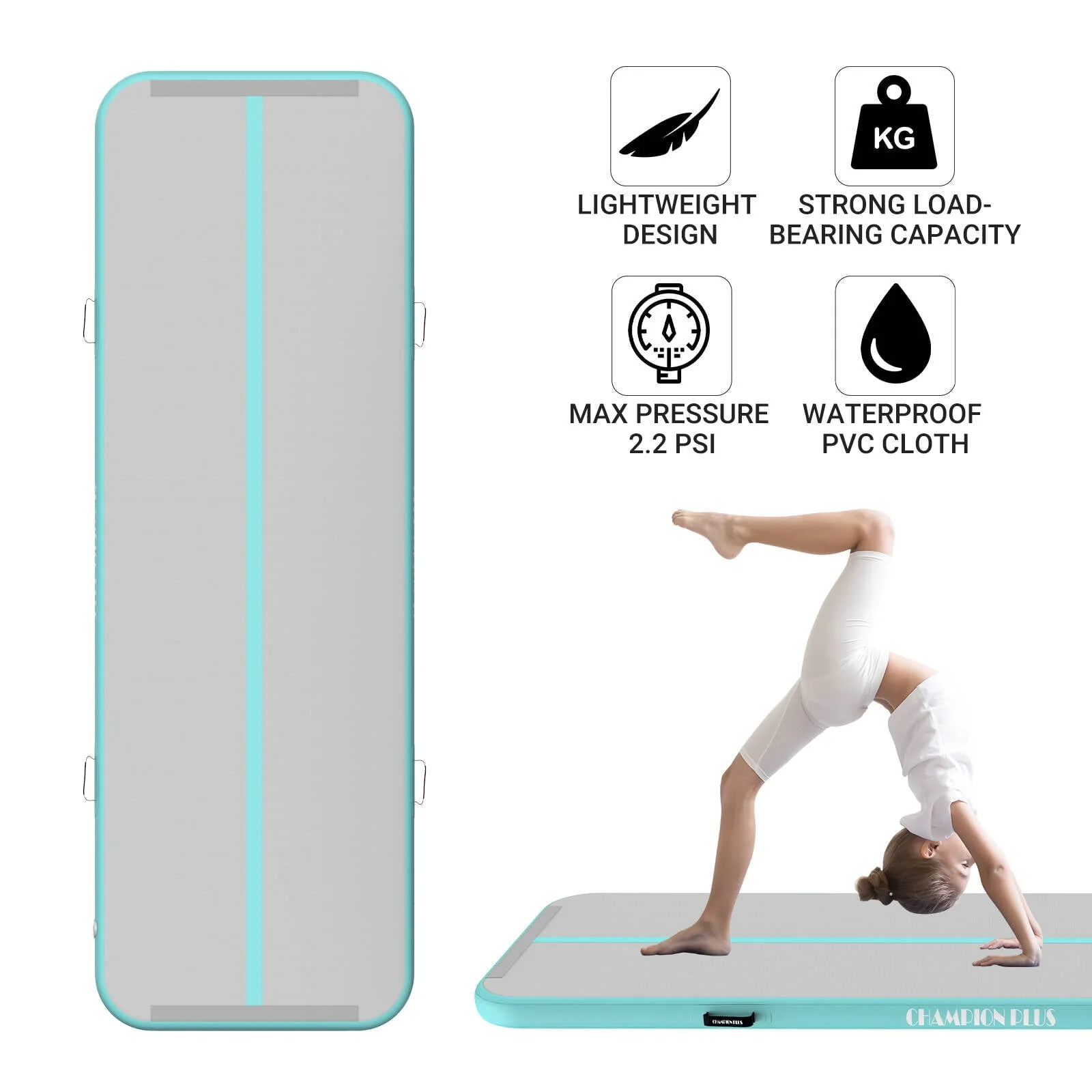 CHAMPIONPLUS Air Track 10ft 13ft 16ft 20ft Inflatable Air Tumble Track Gymnastics Tumbling Mat 4in 8in Thick Mats for Home Use/Training/Cheerleading/Water/Yoga Electric Air Pump, Mint Green 10ft 4in Image 4