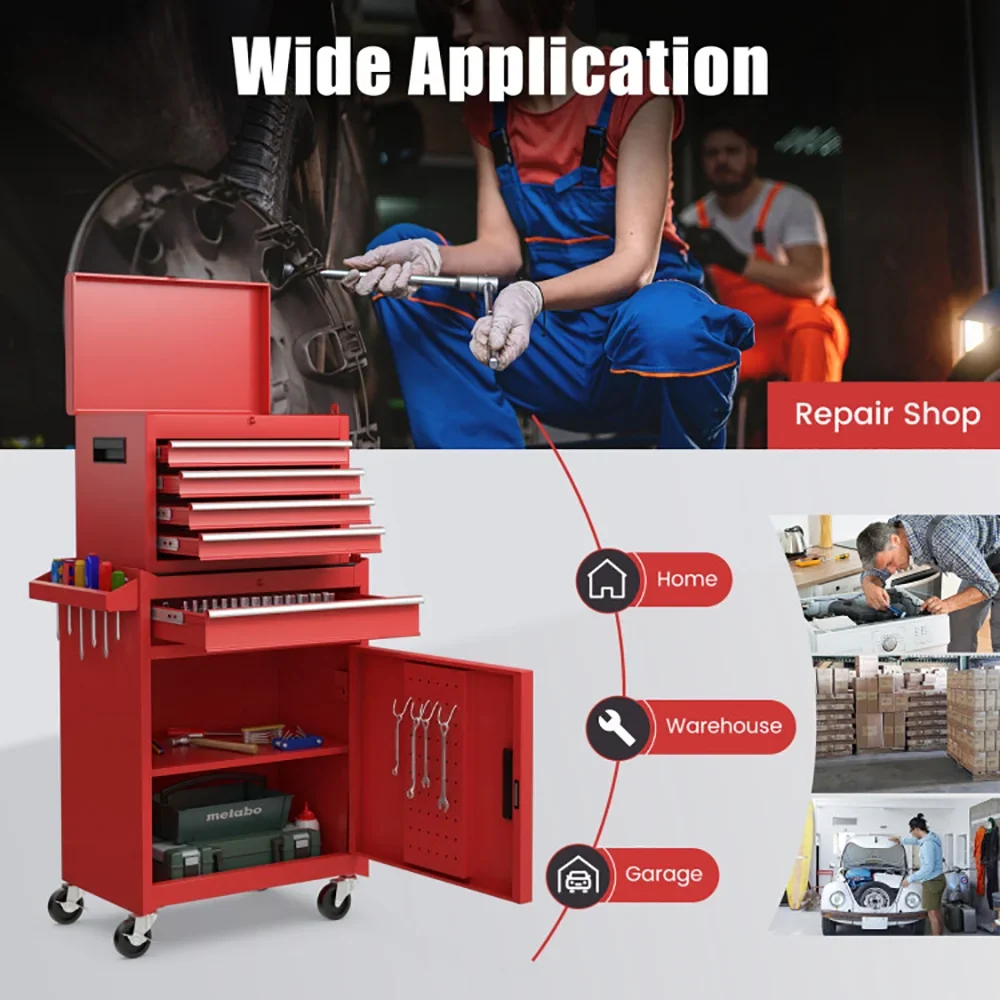 Canddidliike 2-in-1 Tool Chest and Cabinet with 5 Sliding Drawers-Red, Heavy Duty Utility Industrial Service Cart