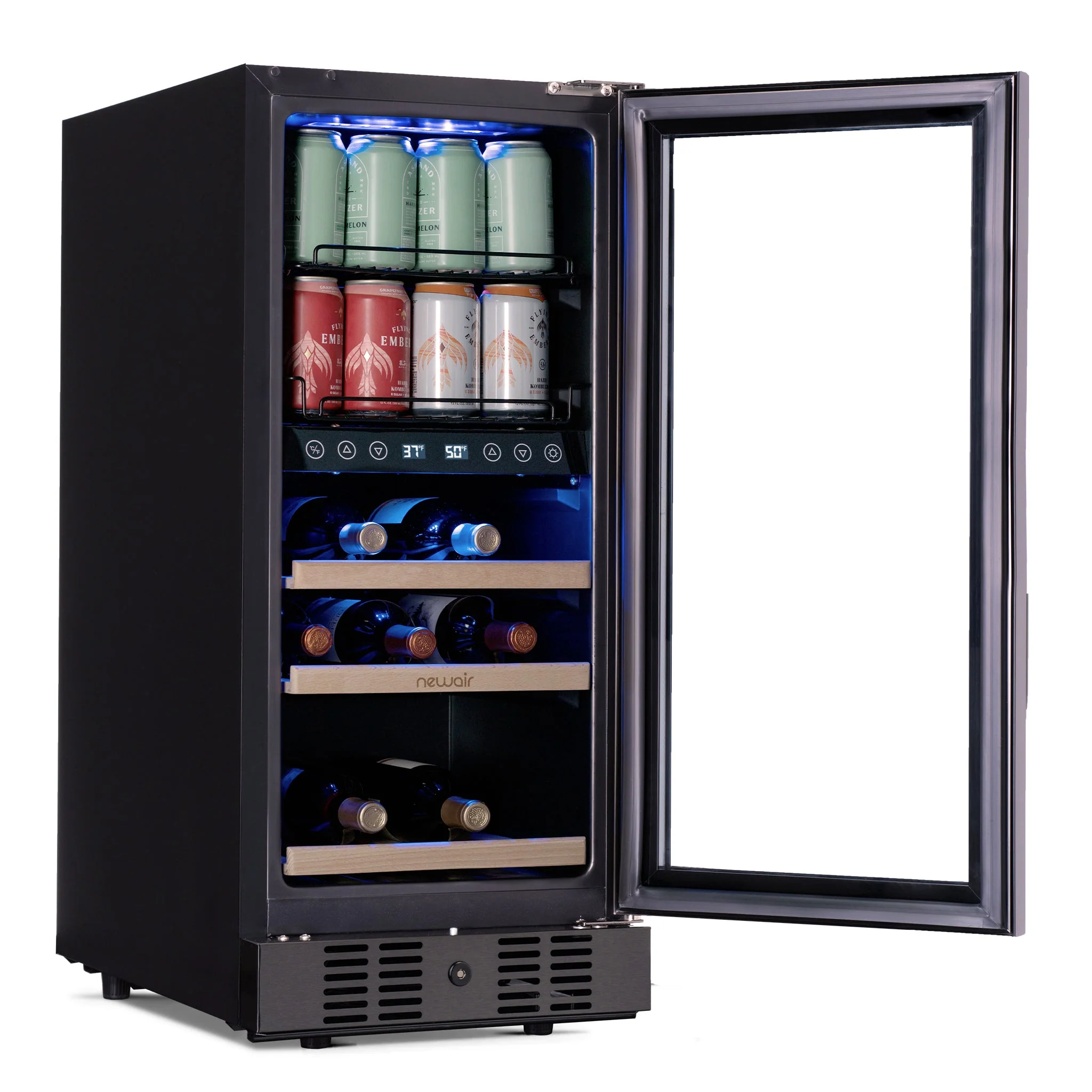 Newair 48-Can, 13-Bottle Built-in Dual Zone Black Beverage Fridge - 15