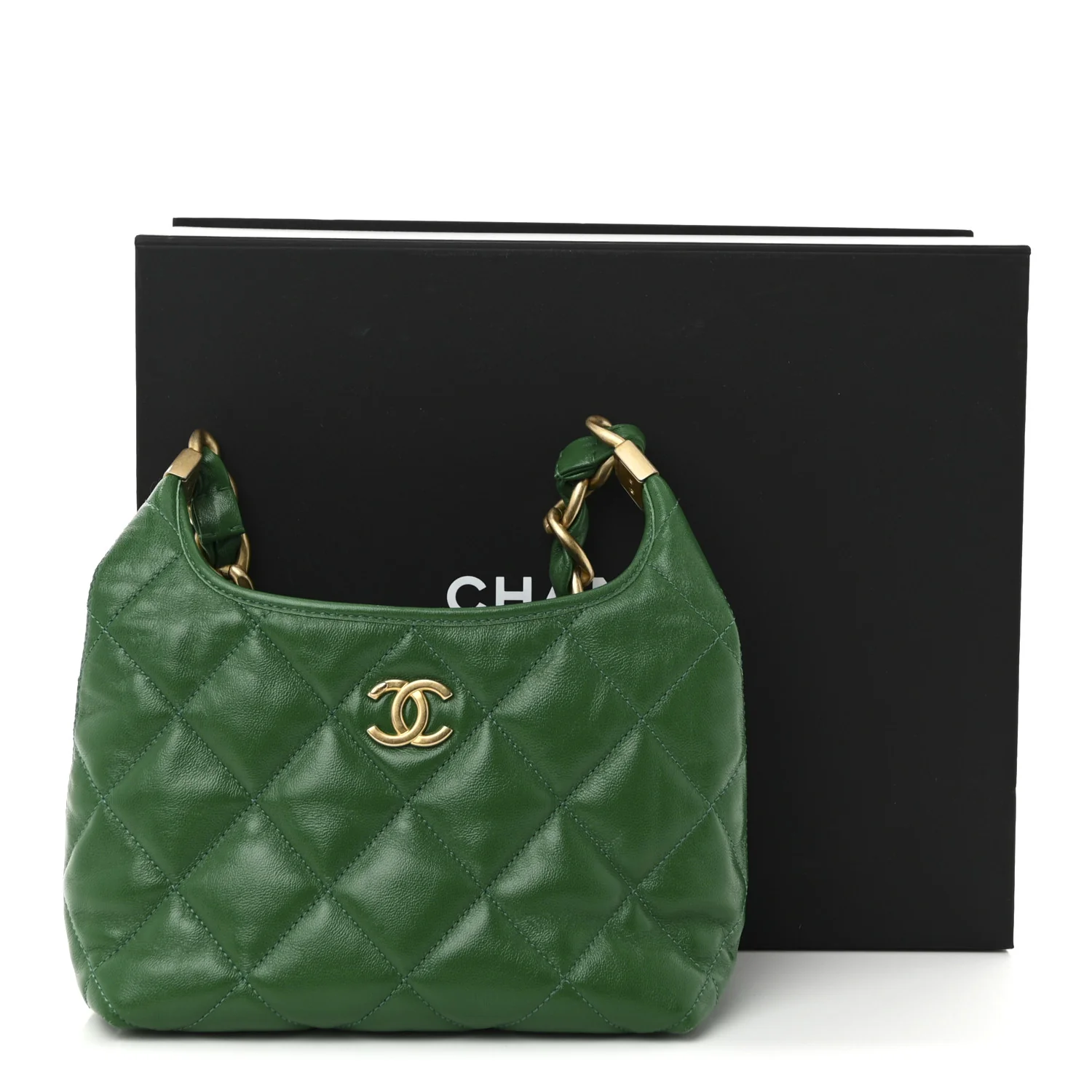 Shiny Crumpled Lambskin Quilted Small CC Funky Town Hobo Green