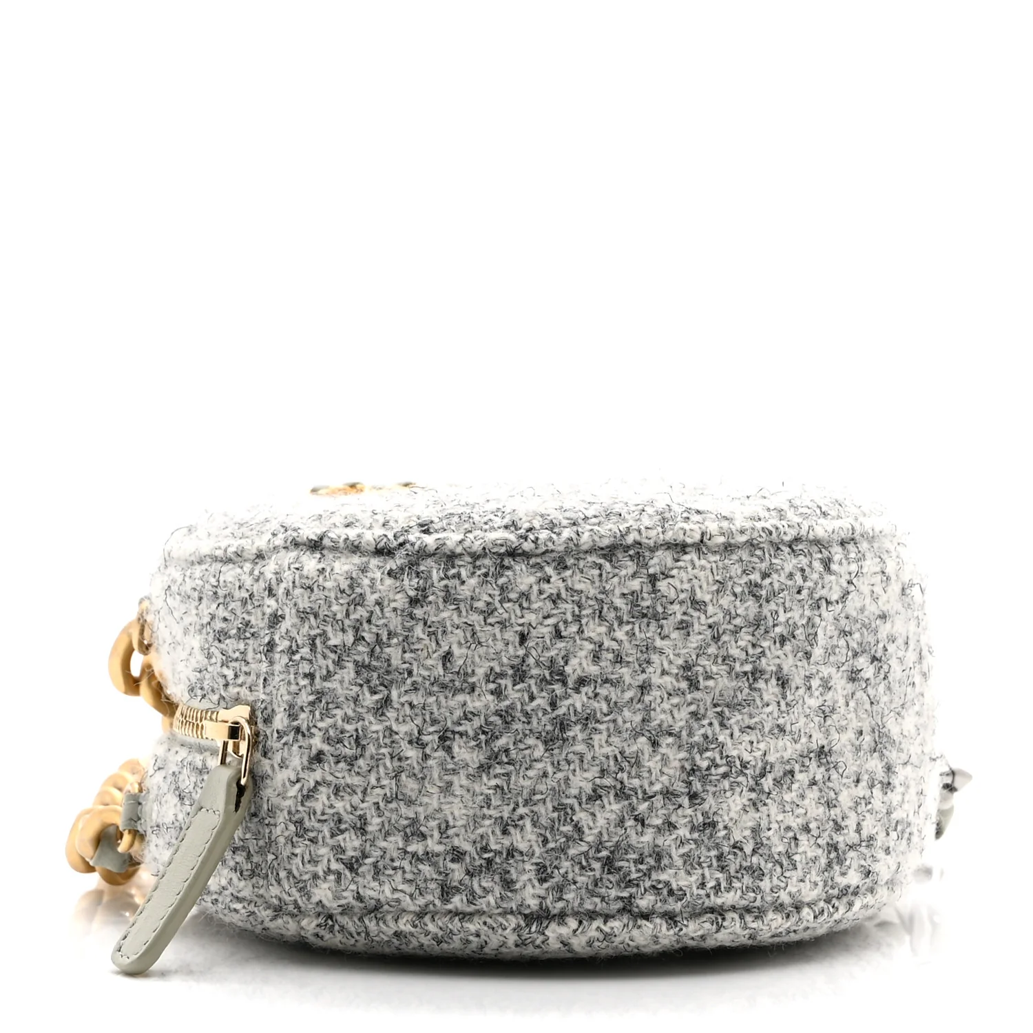 Wool Tweed Lambskin Quilted Chanel 19 Round Clutch With Chain Grey Ecru