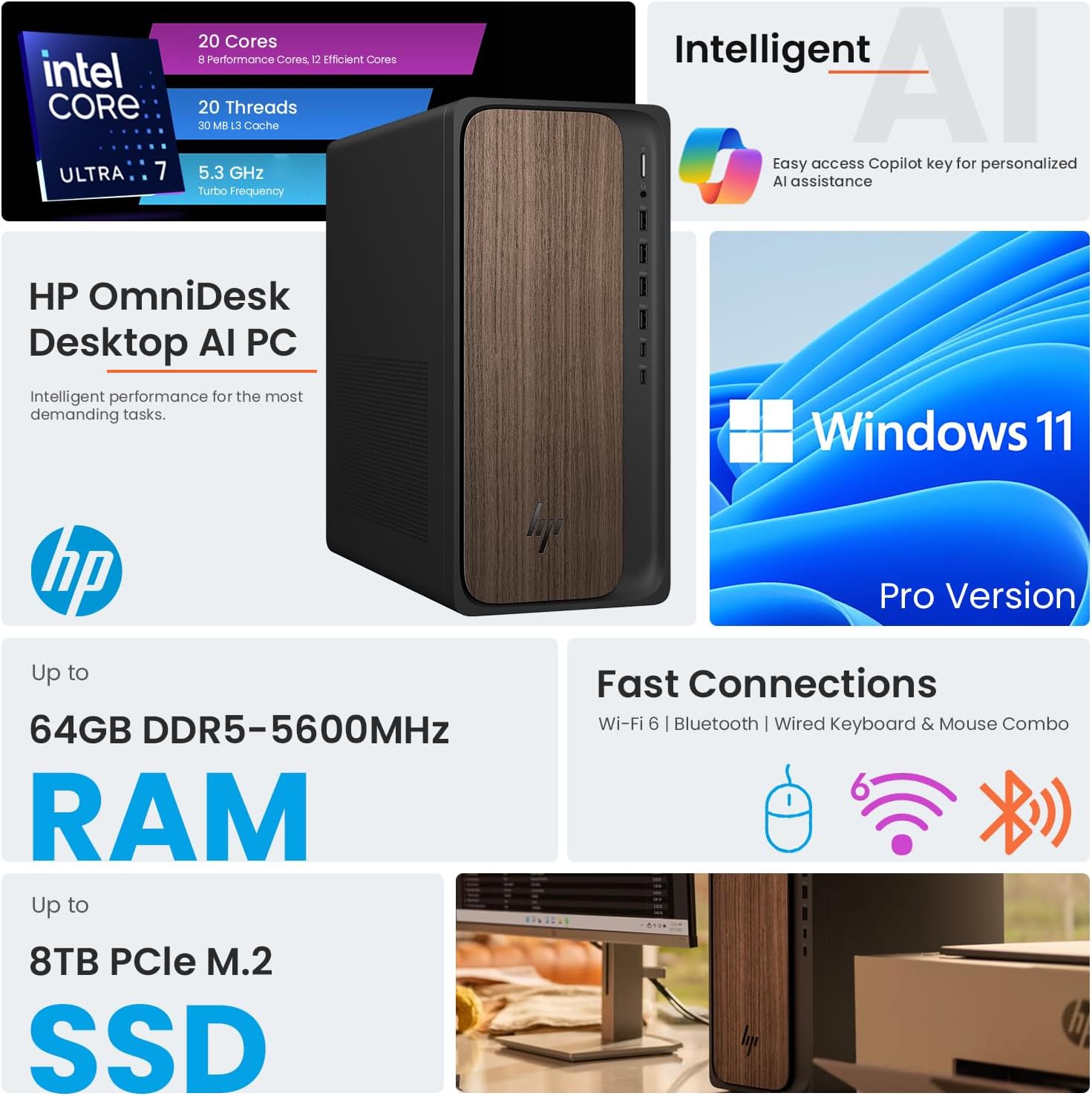 HP OmniDesk(Envy Next Brand) M03 Premium Business Next Gen AI PC Desktop  Intel Core Ultra 7 265  32GB DDR5 RAM  1TB SSD  W11P  USB-C  Wi-Fi 6  Wired KB & Mouse  Bundle with ADATA 64GB USB Flash Drive
