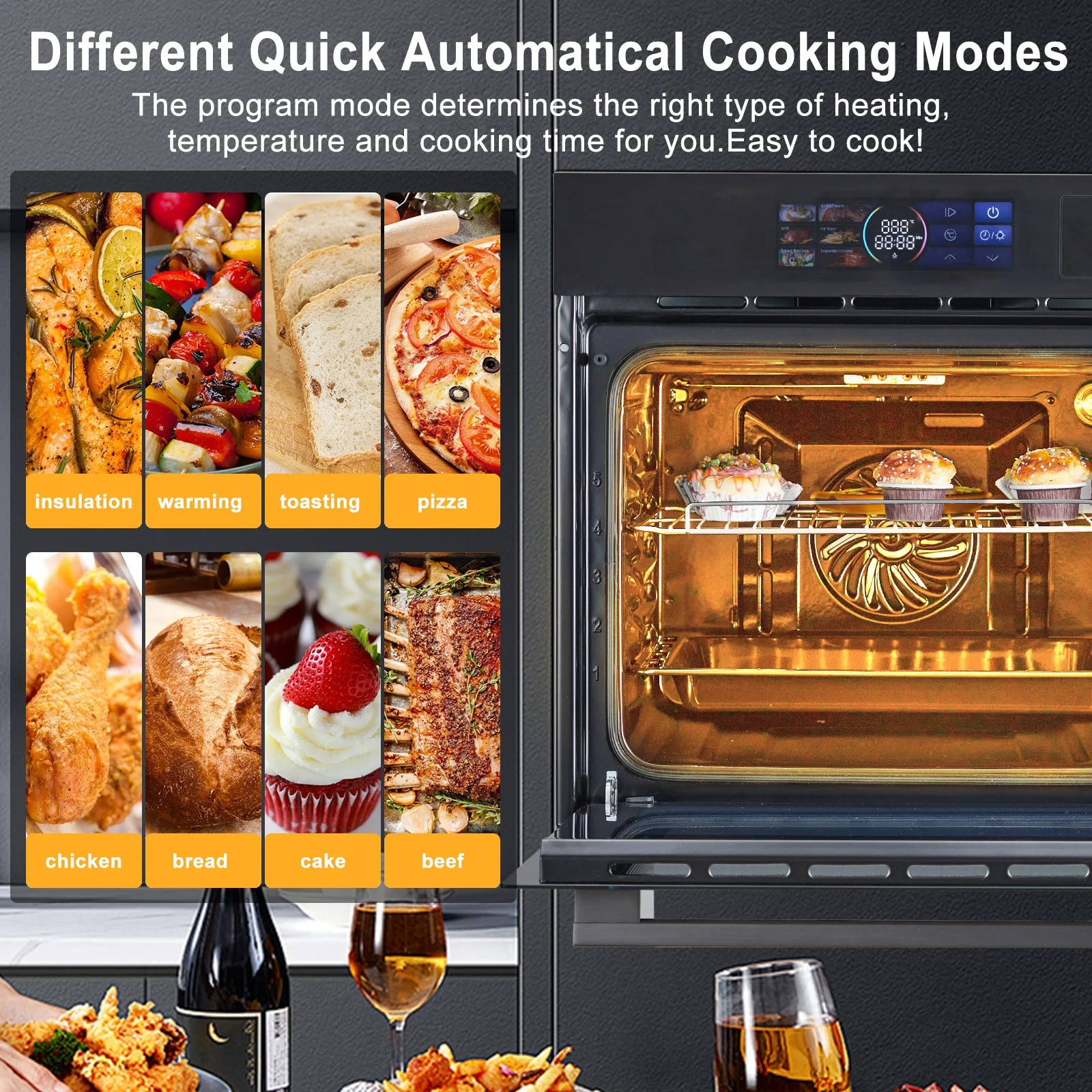 24" Single Wall Oven with 108 Smart Menu 8 Baking Modes,3000W 2.5 CF Convection Oven with Steam Air Fry Function,Stainless Steel,Touch Control Colorful LED Screen(With Colour LED Screen) - Image 5