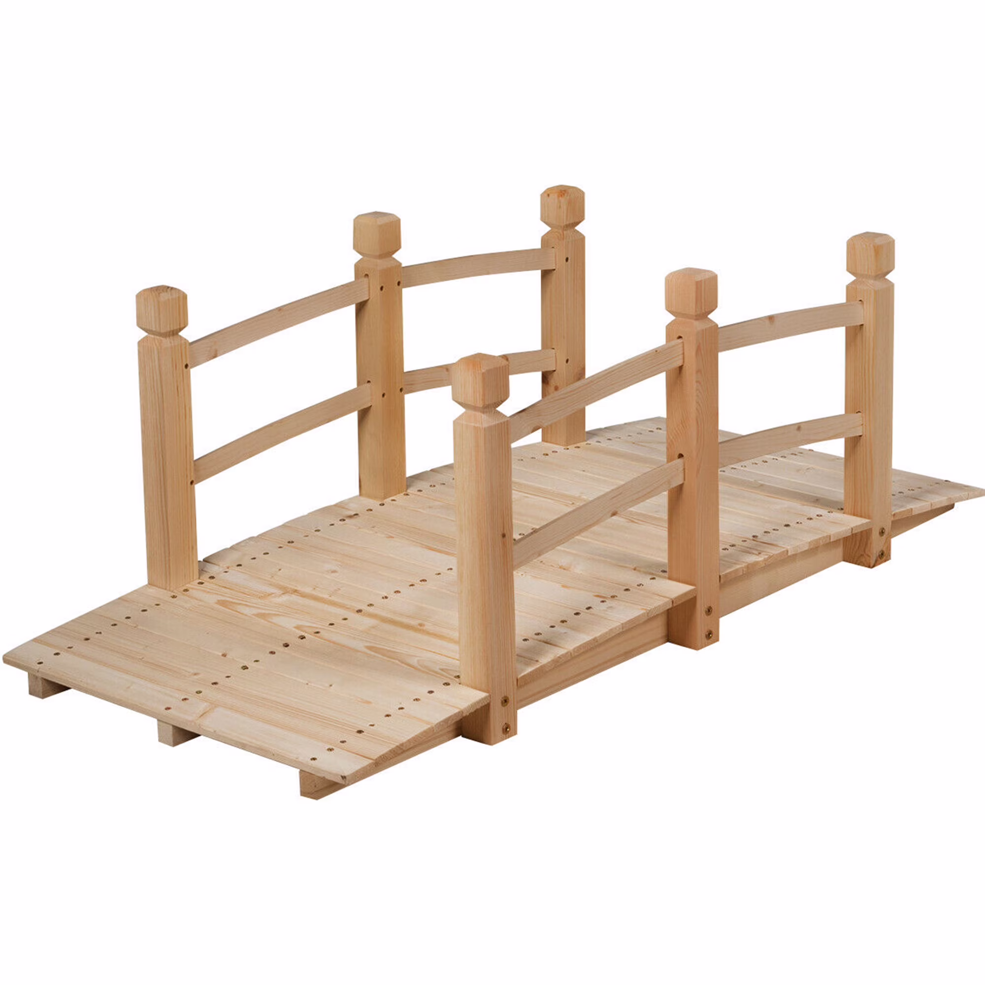 Gymax 5FT Garden Wooden Bridge Safety Rails Backyard Pond Decor Natural