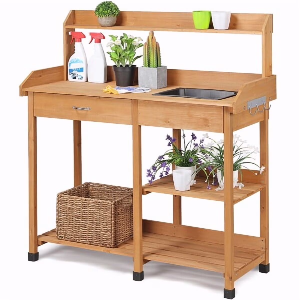 SECONDPEAK Potting Bench Outdoor Garden Work Bench Station Planting Solid Wood Construction for Horticulture W/Sink Drawer Rack Shelves