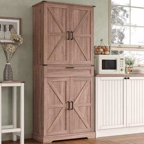 72'' Kitchen Storage Pantry Cabinet, Tall Storage Cabinet with 8 Door Shelves, 2 Cabinets and 1 Drawer, Freestanding Cupboard for Kitchen, Dining Room, Bathroom, Laundry(Dark Rustic Oak) - Image 5
