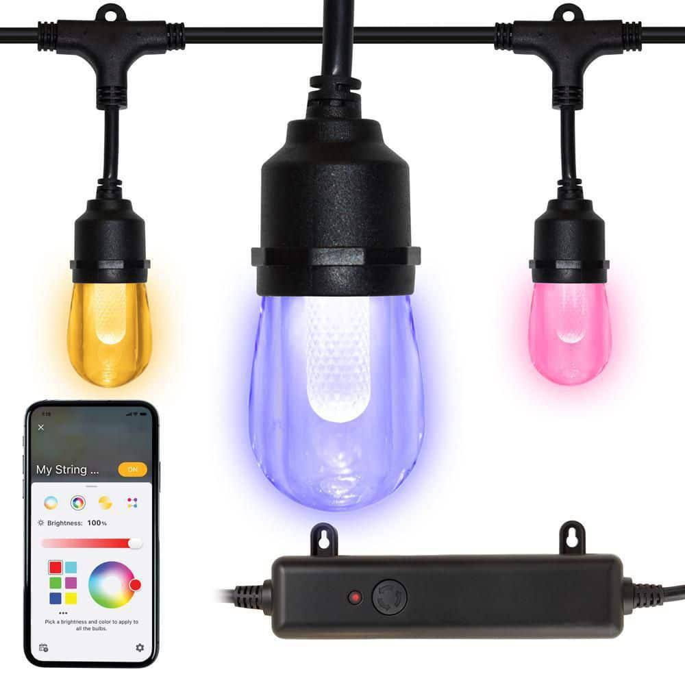 Hampton Bay 24-Light 48 ft. Outdoor Plug-In Integrated LED Black Edison Bulb RGBW Color Changing String Light Powered by Hubspace