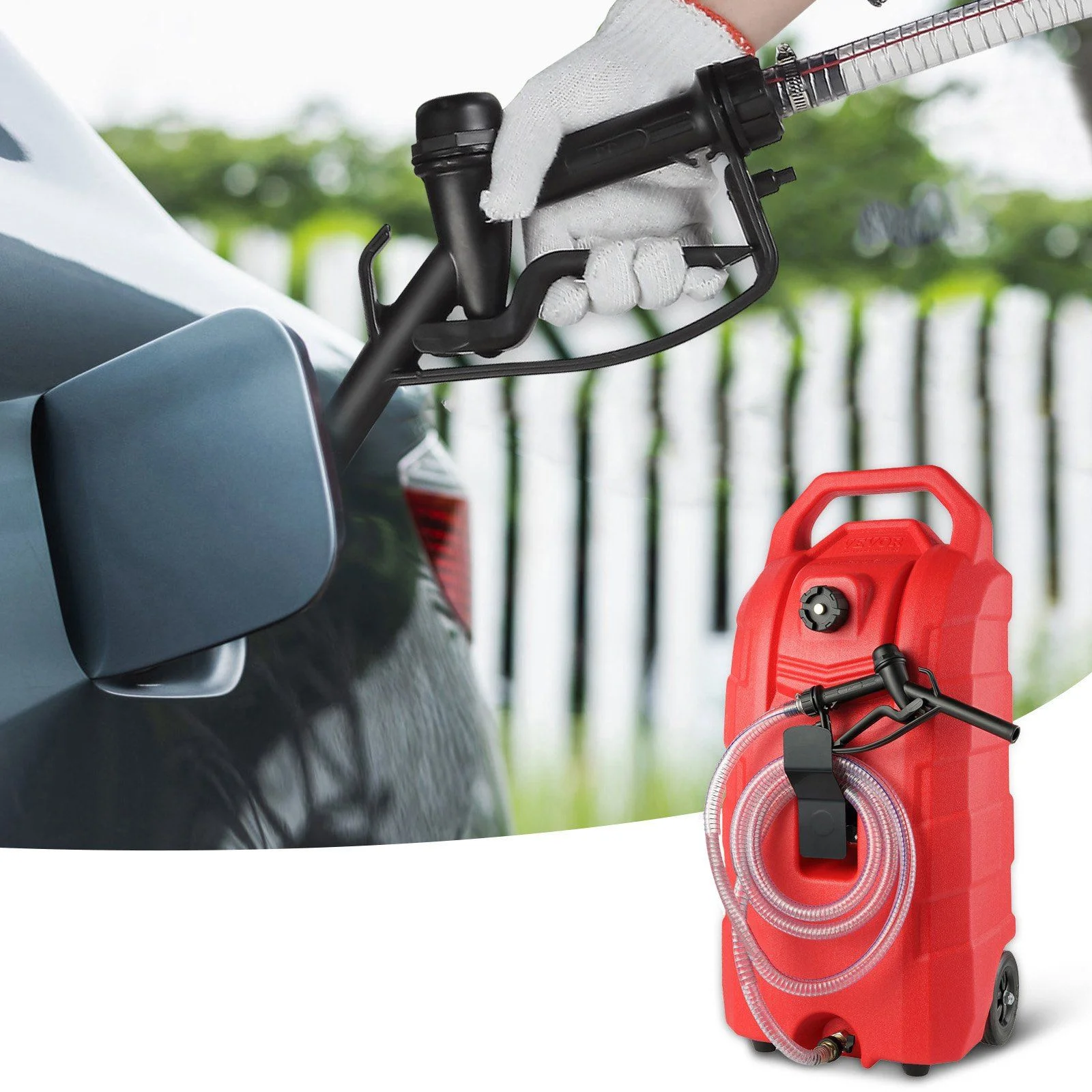 16-Gallon Fuel Caddy with Hand Pump 7.8 L/Min Flow Rate, Rubber Wheels Metal Hose Portable Gas/Diesel Storage Tank for Cars, Mowers, Boats, Tractors - Image 8