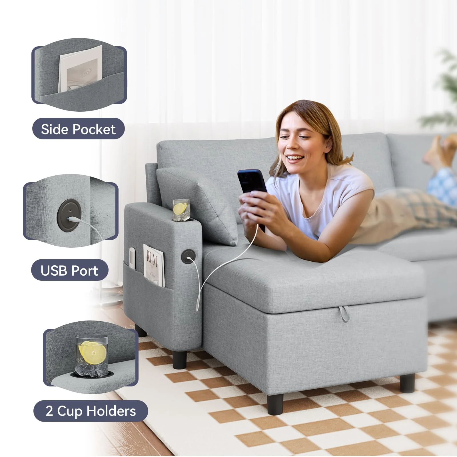 AECOJOY Sleeper Sofa Couch with Pullout Bed, Linen Fabric, Gray