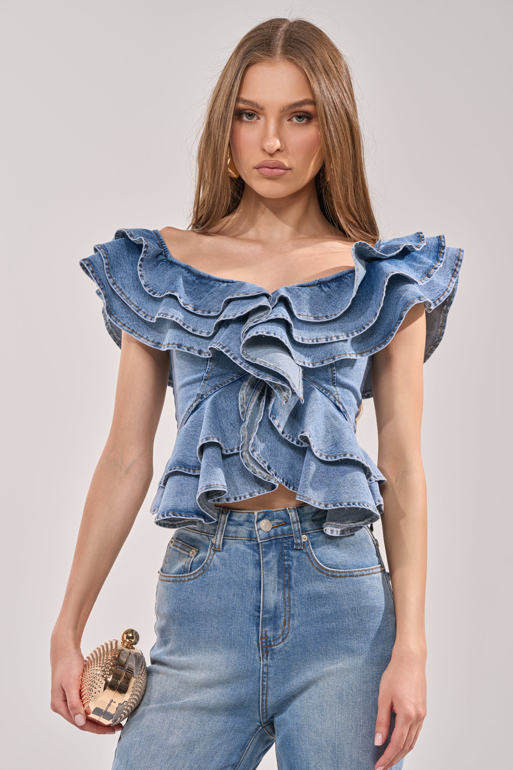 DREAMING BIG DENIM RUFFLE TOP - Akira Store