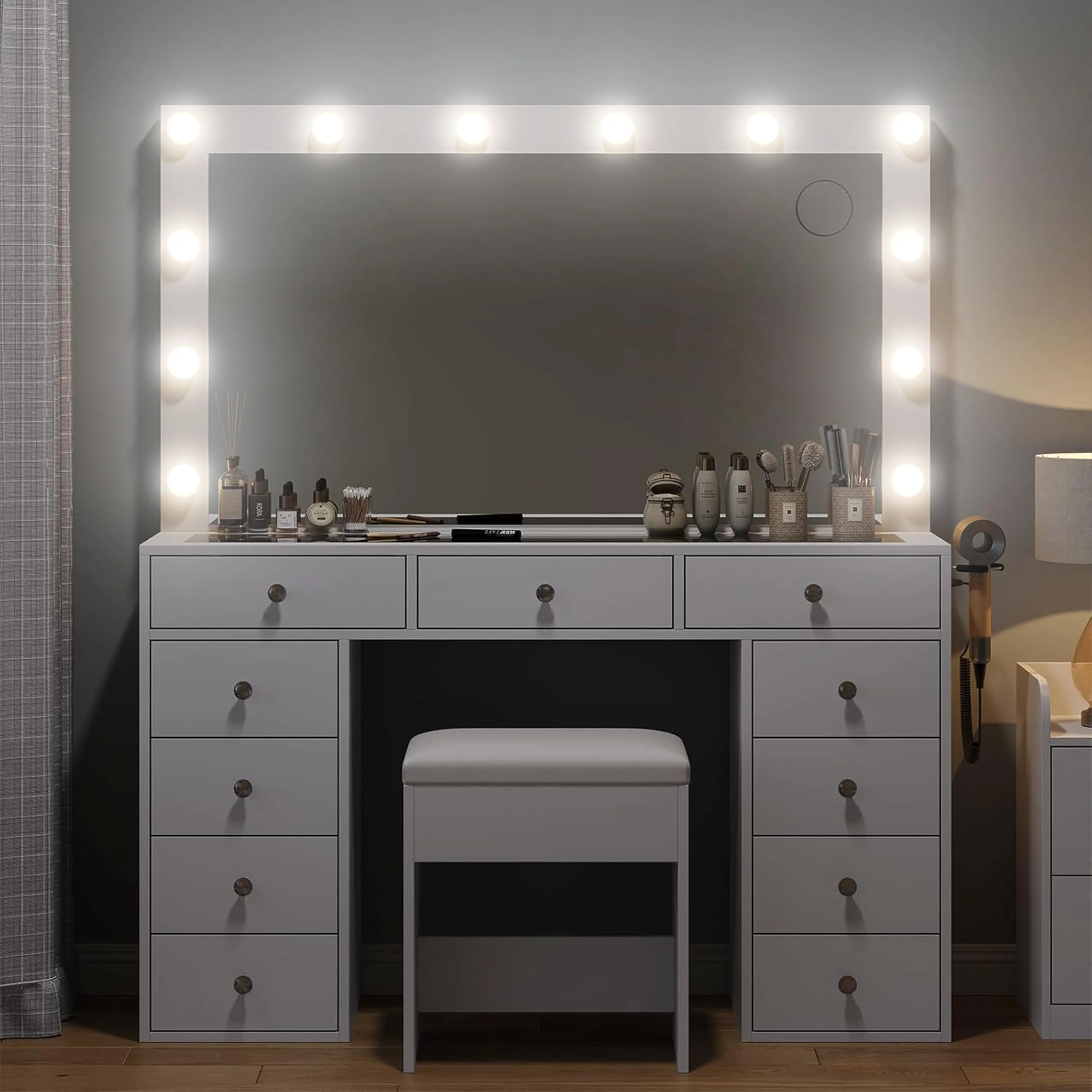 White Vanity Desk with Illuminated Mirror Power Outlet, 11 Drawers Vanity Table with Chair, Makeup Vanity with 12 LED Lights, Tempered Glass Top, Dressing Table for Bedroom,Dressing Room(White) - Image 6