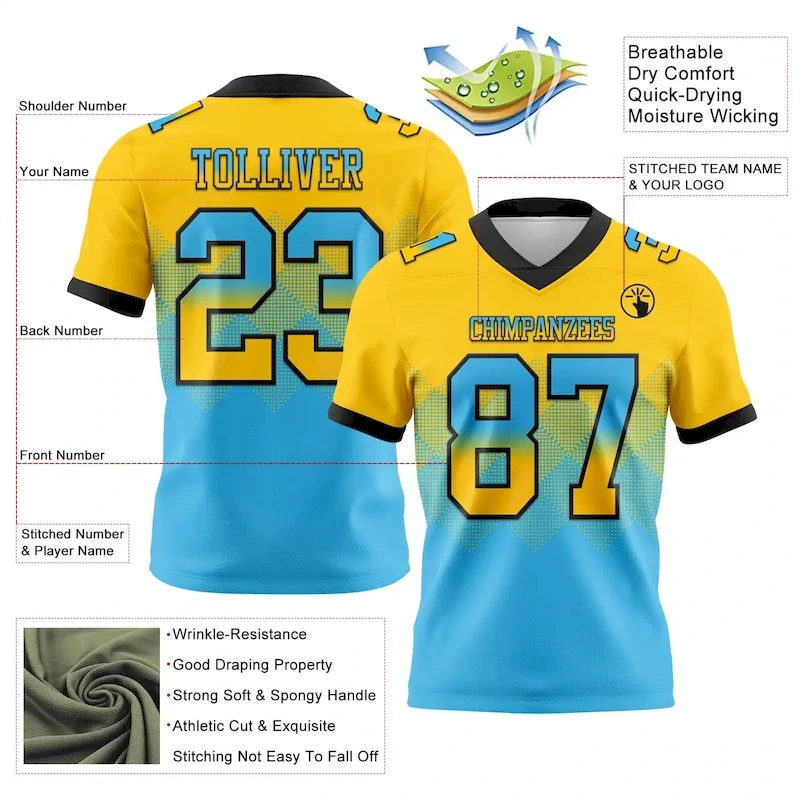 Custom Yellow Sky Blue-Black Mesh Authentic Gradient Square Shape Flag rugby jersey
