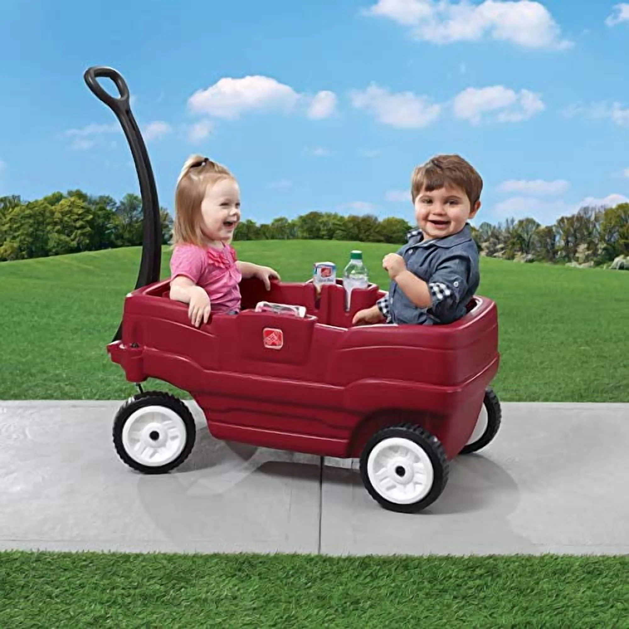 Red Plastic Two-Seater Toddler Wagon with Safety Belts and Storage for Ages 18 Mo to 5 Yrs(Red) - Image 4