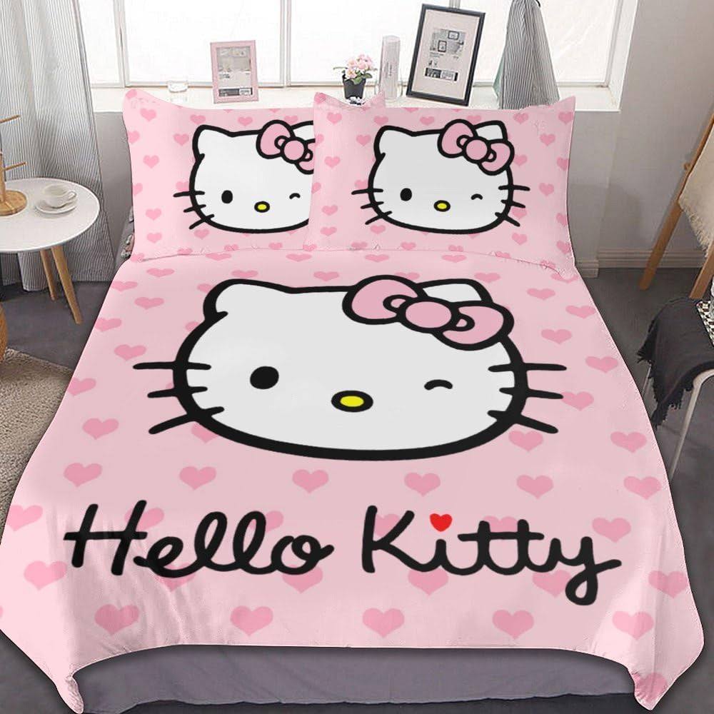 Agner Cartoon Bedding Set Kawaii Pink Cat Duvet Cover for Women Girls Cute Lightweight 3 Pieces Comforter Cover Sets with 1 Duvet Cover and 2