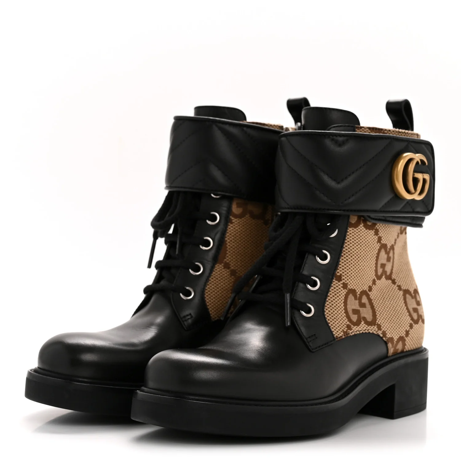 Flores Calfskin Monogram Maxi GG Nappa Matelasse Double G 40mm Ankle Boots 36.5 Black Camel Ebony