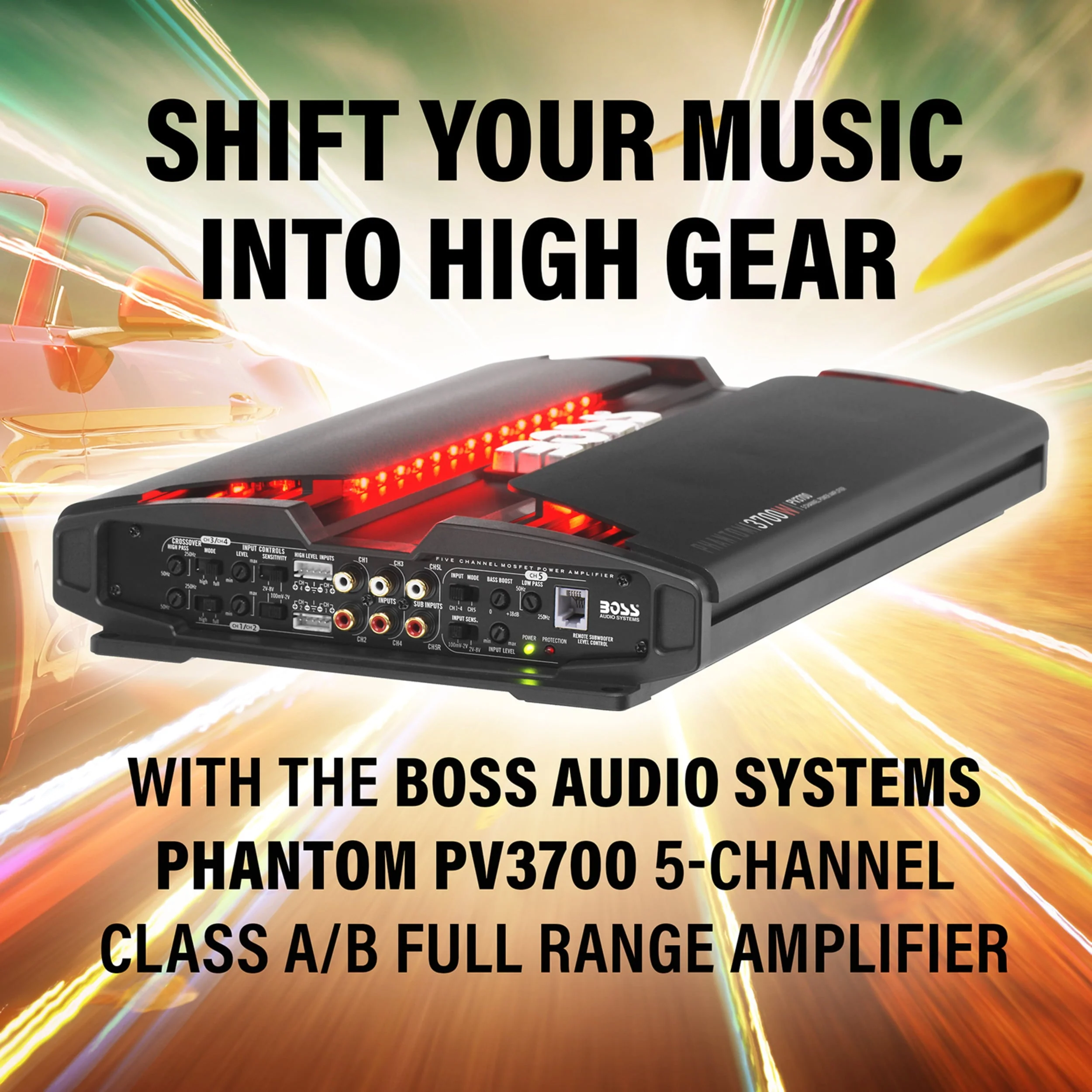 BOSS Audio Systems PV3700 5 Phantom Series Car Audio Amplifier - 3700 High Output, 5 Channel, 2/4 Ohm Stable, Low/High Level Inputs, High/Low Pass Crossover, Full Range, Bridgeable, Subwoofer