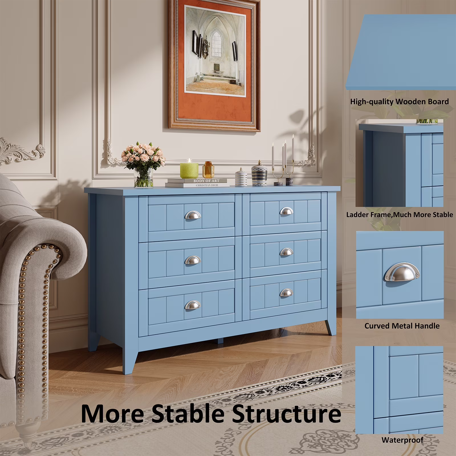 6 Drawer Dresser, Light Blue Elegant Chest of Drawers, Large Cabinet with Storage, Rustic Wood Chest of Drawers for Bedroom, Living Room, Hallway(Light Blue-6)