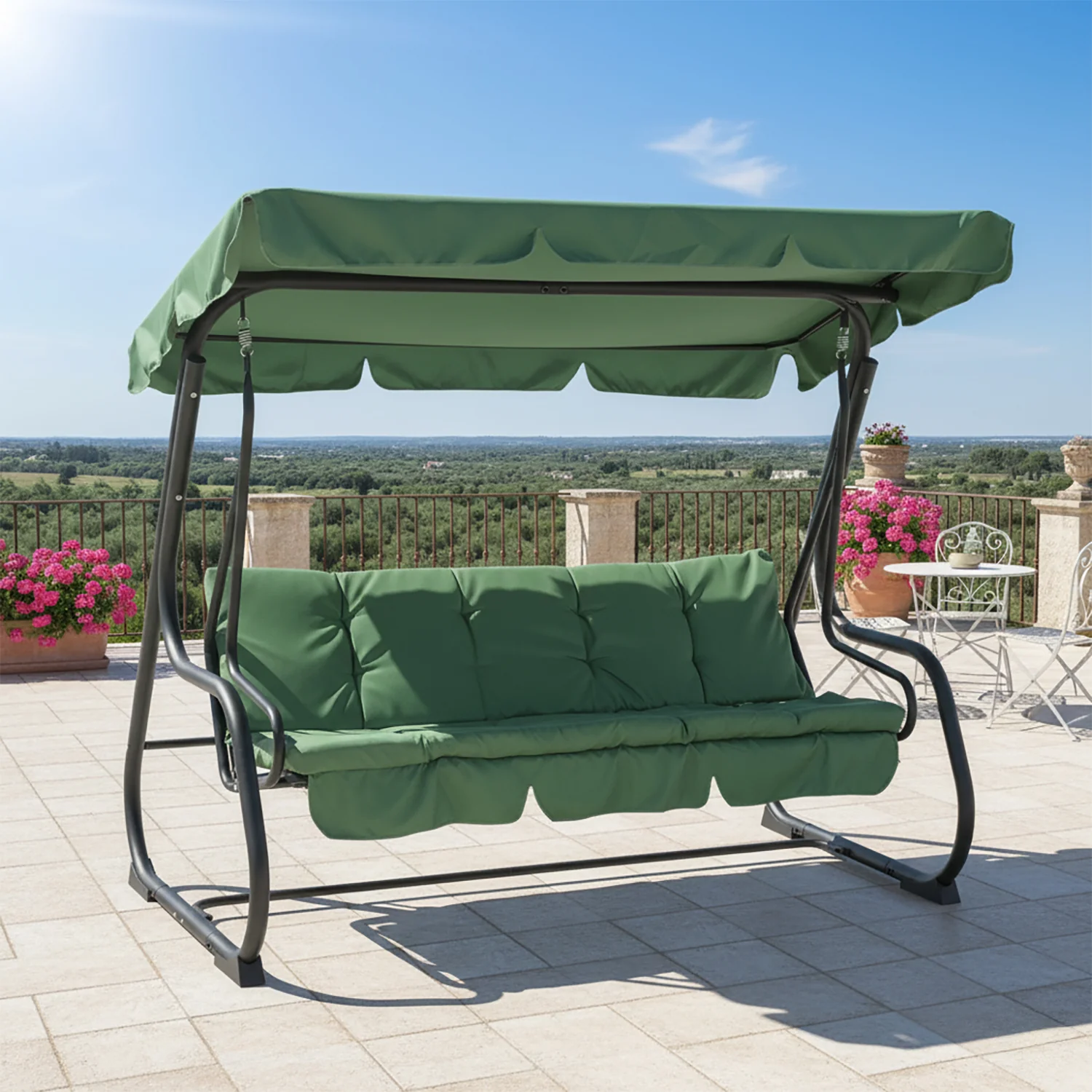 VESTIAMO CASA GIARDINO - Dondolo Reclinabile 3 Posti Verde con Struttura in Acciaio Antracite - h165x232x125 cm