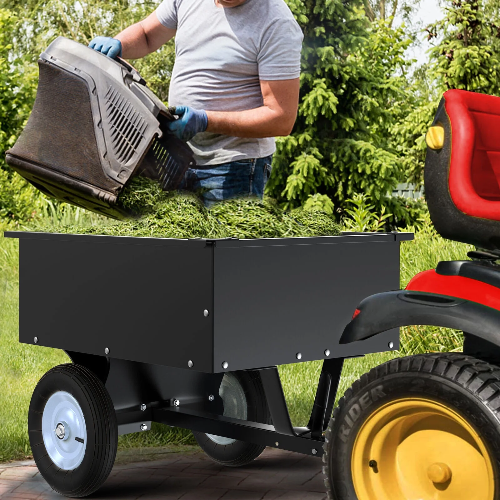 350LB Capacity Dump Cart Trailer Tow Behind Lawn Steel for Lawn Tractor ATV UTV With Wheels Black - Image 4
