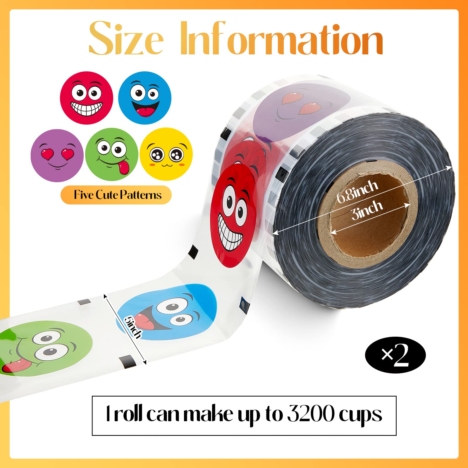 2 Roll 2 Roll Cup Sealer Film for Sealing Machine 90-105 mm 6400 Cups Bubble Tea Sealer Film for 16 oz Plastic Cups for Bubble Tea, Coffee Juice Soda Cafes Restaurants (Smile Face Style)