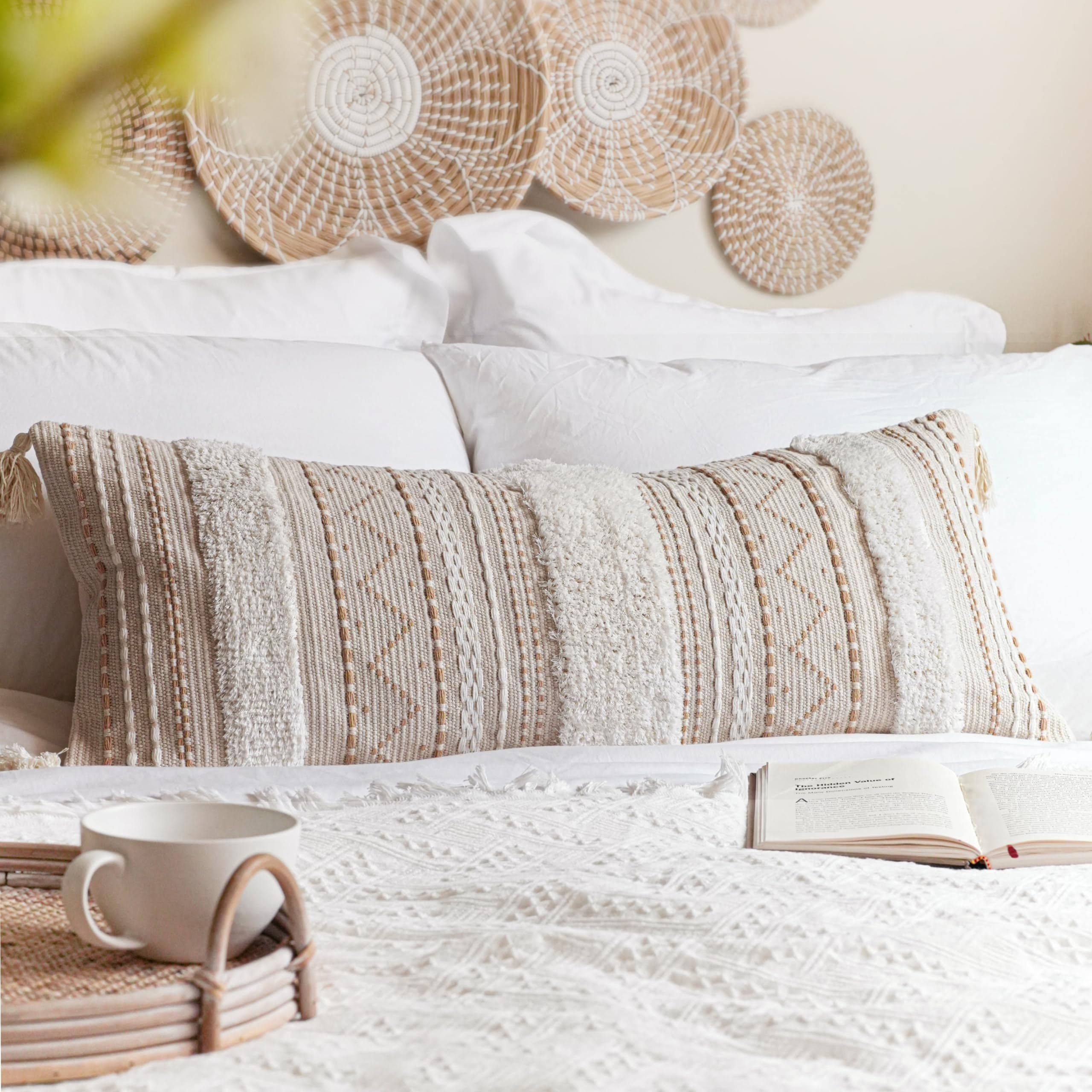 BlissBlush Cream Decorative Lumbar Throw Pillow Cover 14x36 Boho Long Cushion for Bed Neutral Beige White Accent Farmhouse Pillowcase for Bedroom