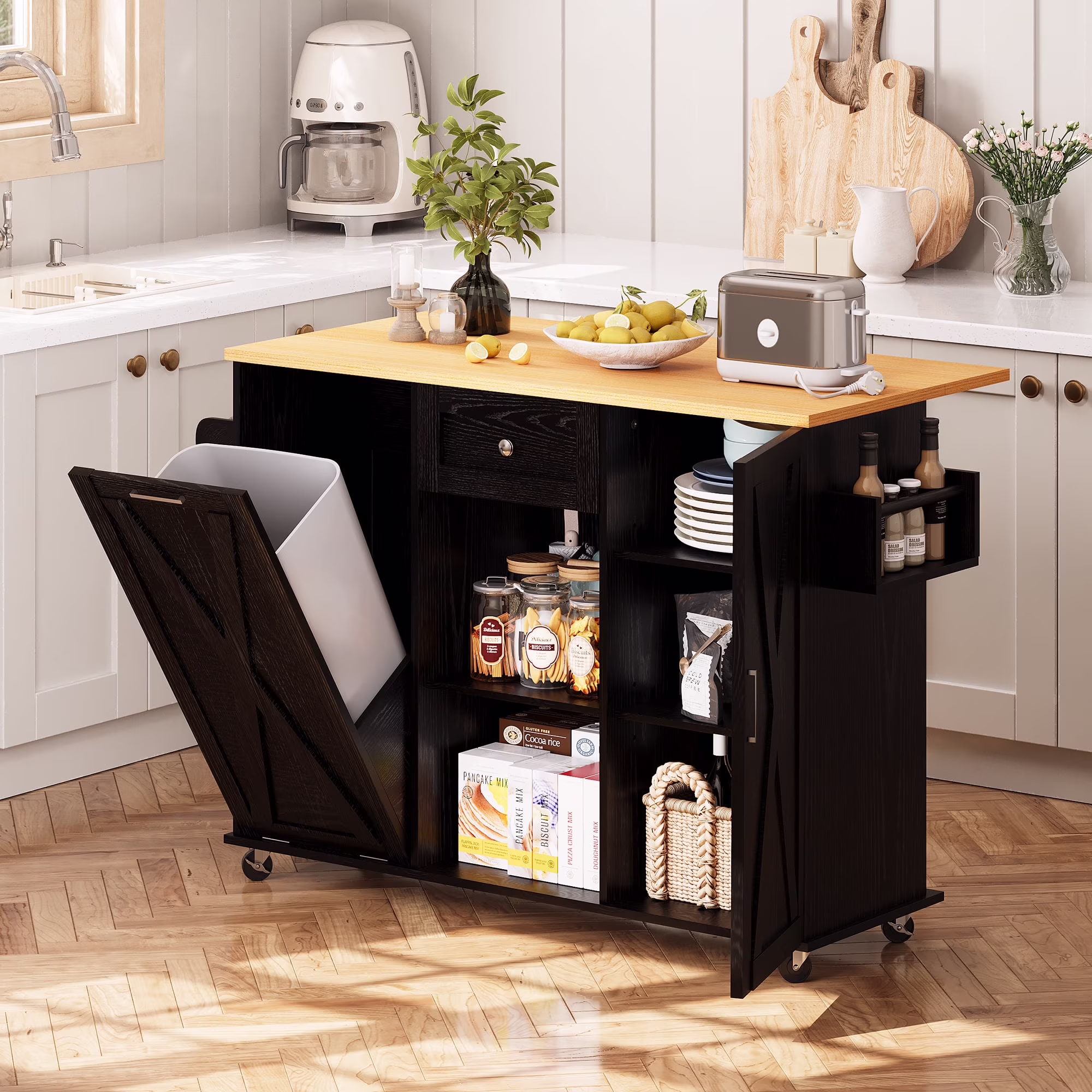 48" Kitchen Island Cart with Drop Leaf, 10 Gallon Storage and Tilt Out Trash Can Cabinet, Portable Kitchen Island with Wheels Drawer and Adjustable Shelves for Kitchen, White(White) - Image 3